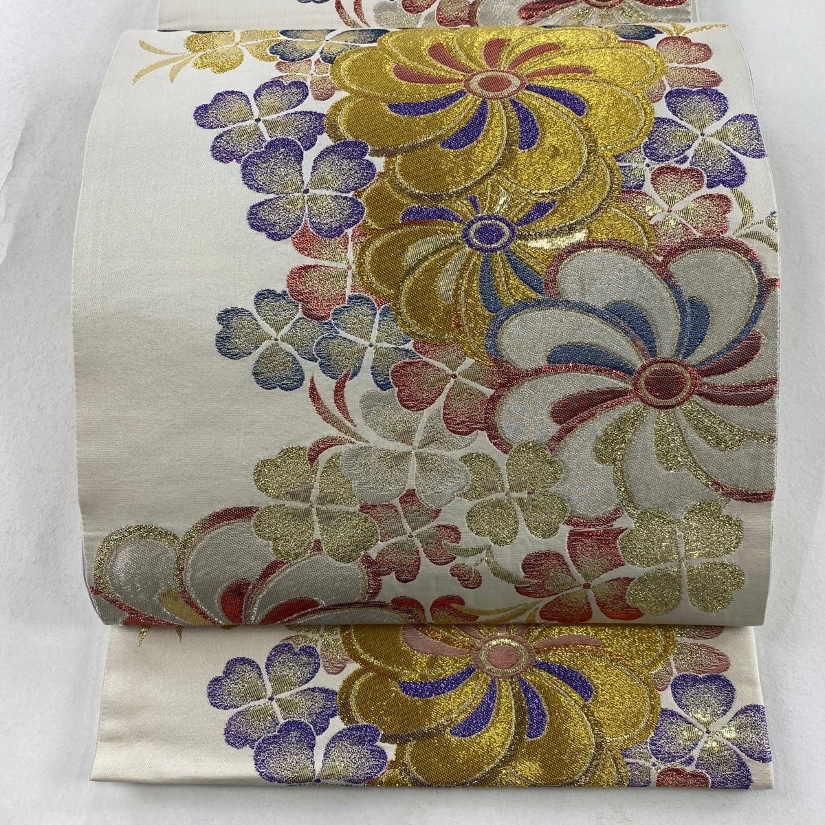 袋帯 秀品 草花 箔 クリーム 六通 正絹 【中古】拍卖