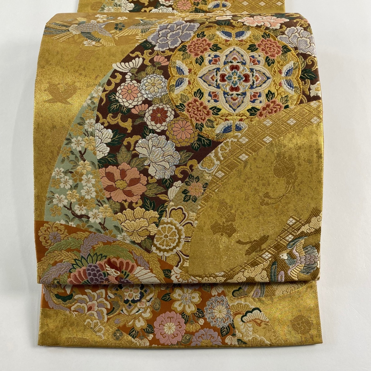 袋帯 美品 秀品 華文 草花 金銀糸 箔 金色 六通 正絹 【中古】拍卖