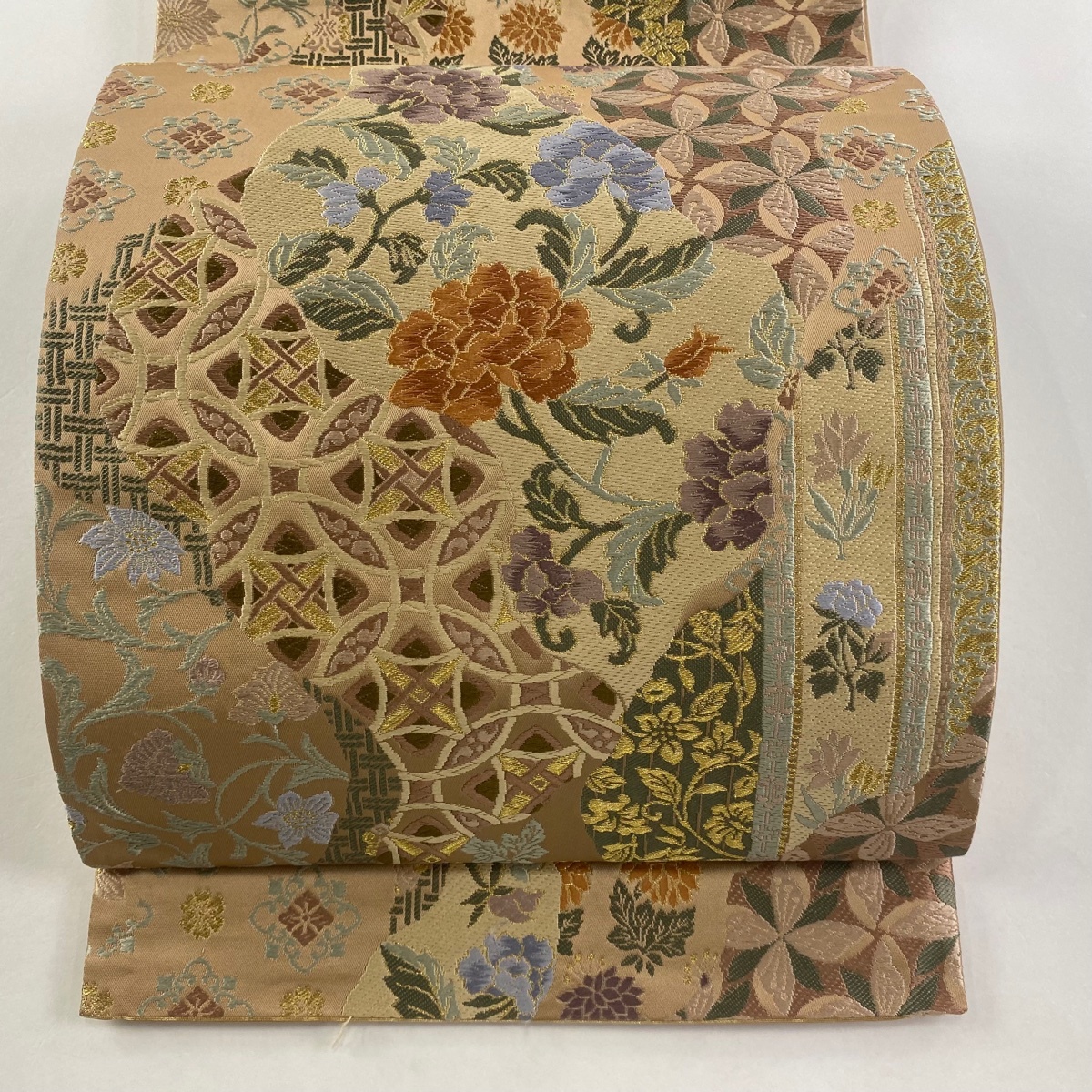 袋帯 美品 秀品 草花 七宝 唐織 箔 薄小豆 六通 正絹 【中古】拍卖