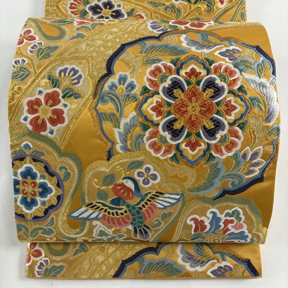 袋帯 美品 秀品 華文 花喰い鳥 金糸 箔 山吹色 六通 正絹 【中古】拍卖