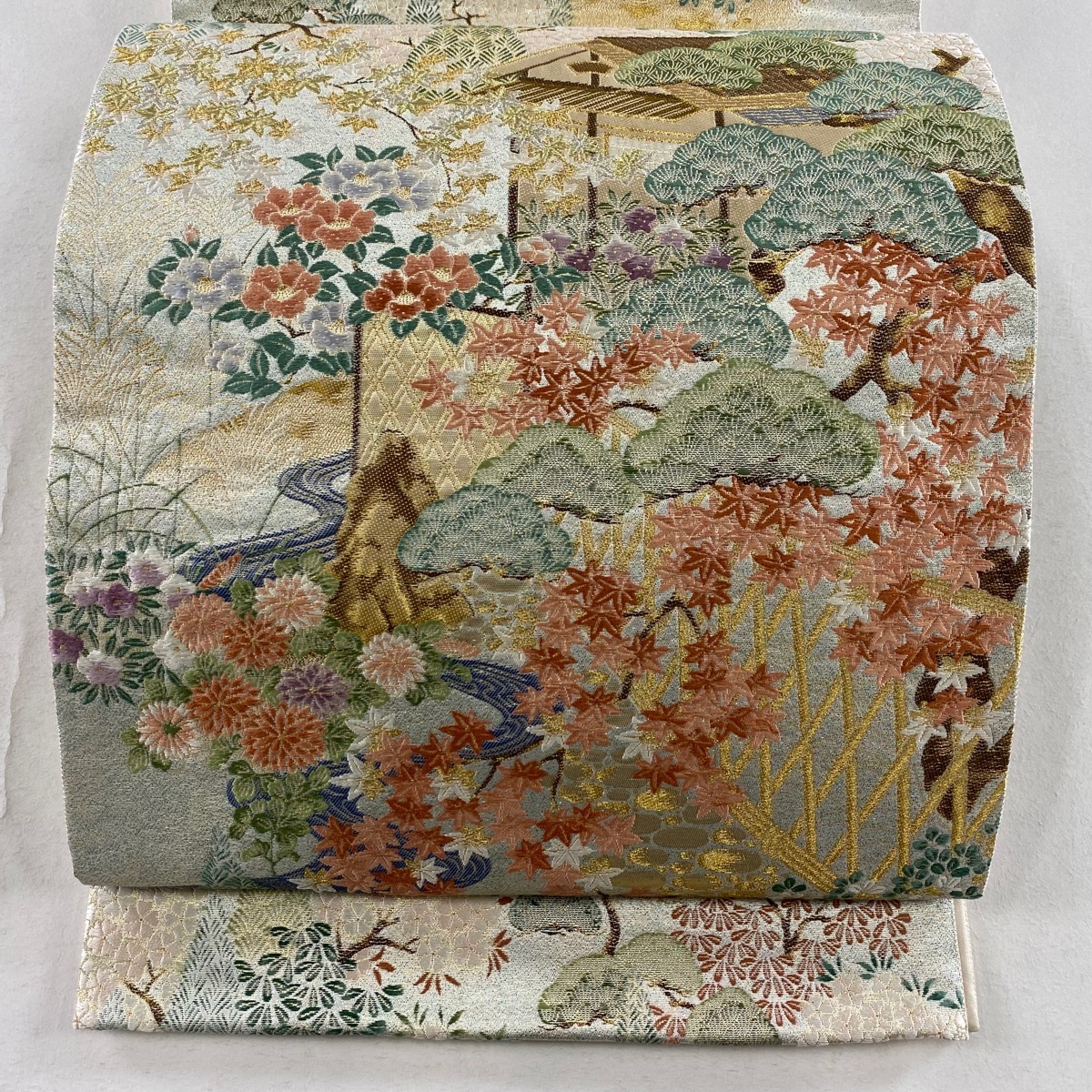 袋帯 美品 秀品 風景 建物 金銀糸 箔 薄緑 六通 正絹 【中古】拍卖