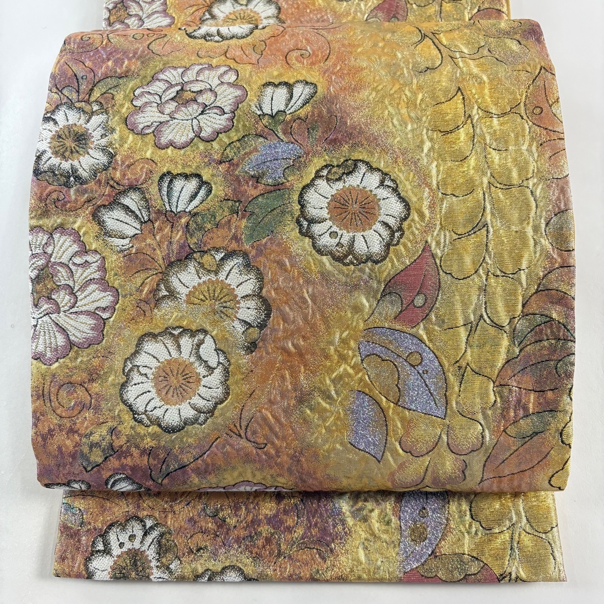 袋帯 美品 秀品 やまと 草花 藤 箔 金色 六通 正絹 【中古】拍卖