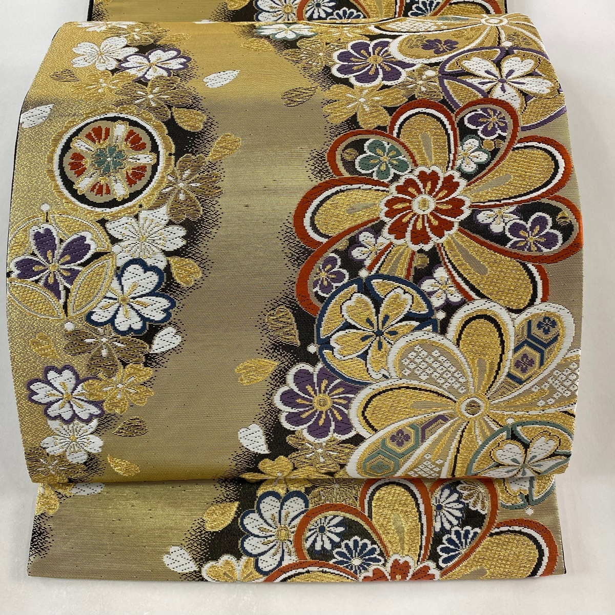 袋帯 美品 秀品 花 桜 金糸 箔 金色 六通 正絹 【中古】拍卖