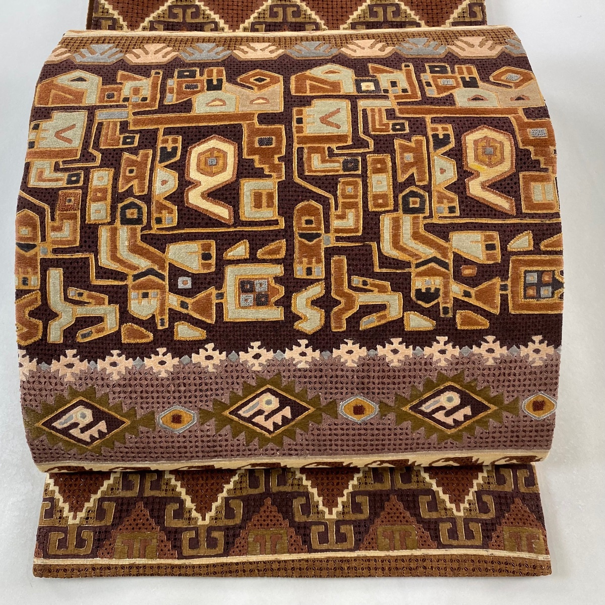 袋帯 美品 逸品 幾何学 刺繍 茶色 全通 正絹 【中古】拍卖