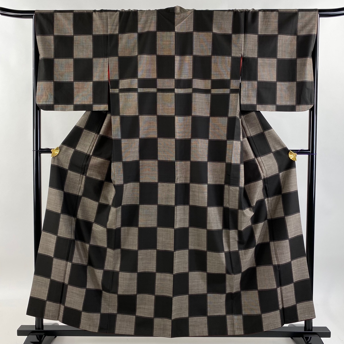 紬 身丈157cm 裄丈67cm M 袷 市松 焦茶色 正絹 美品 秀品 【中古】拍卖