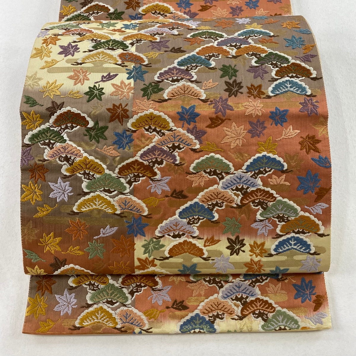 袋帯 秀品 笠松 紅葉 箔 赤茶 六通 正絹 【中古】拍卖