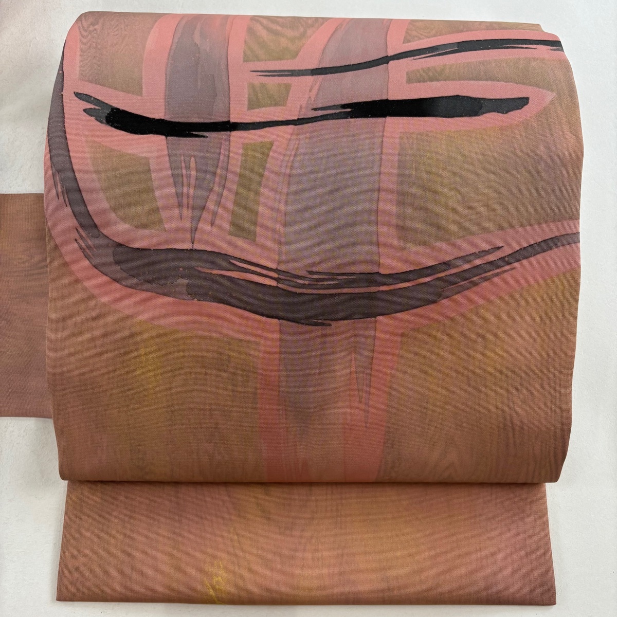 名古屋帯 美品 秀品 幾何学模様 木目柄 金彩 ピンク 正絹 【中古】拍卖