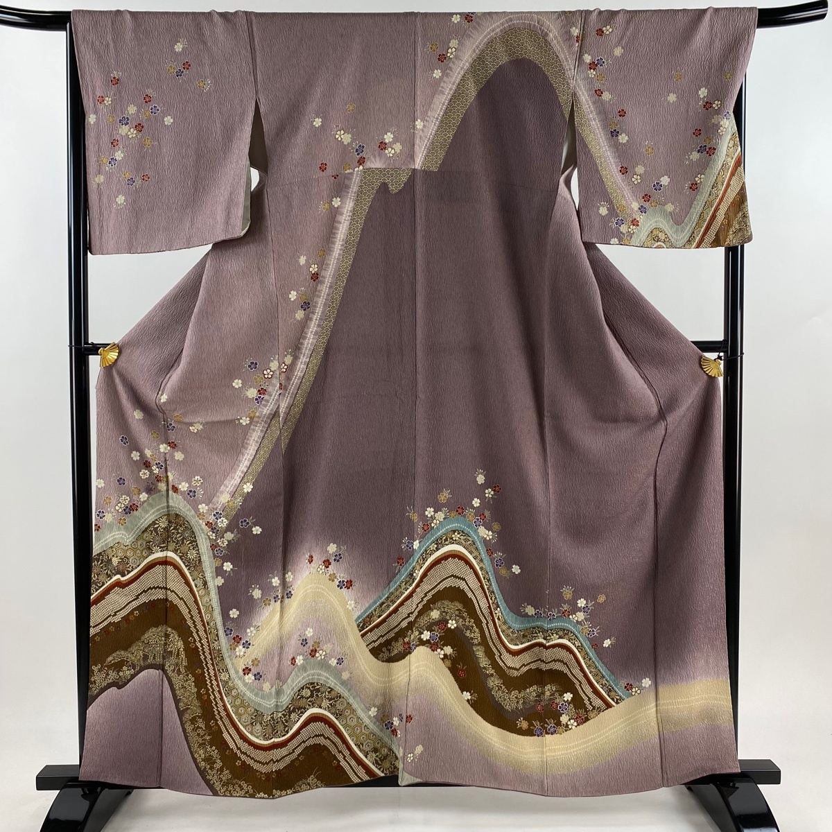 訪問着 身丈161cm 裄丈68cm L 袷 桜 草花 金銀彩 ぼかし 灰紫 正絹 秀品 【中古】拍卖
