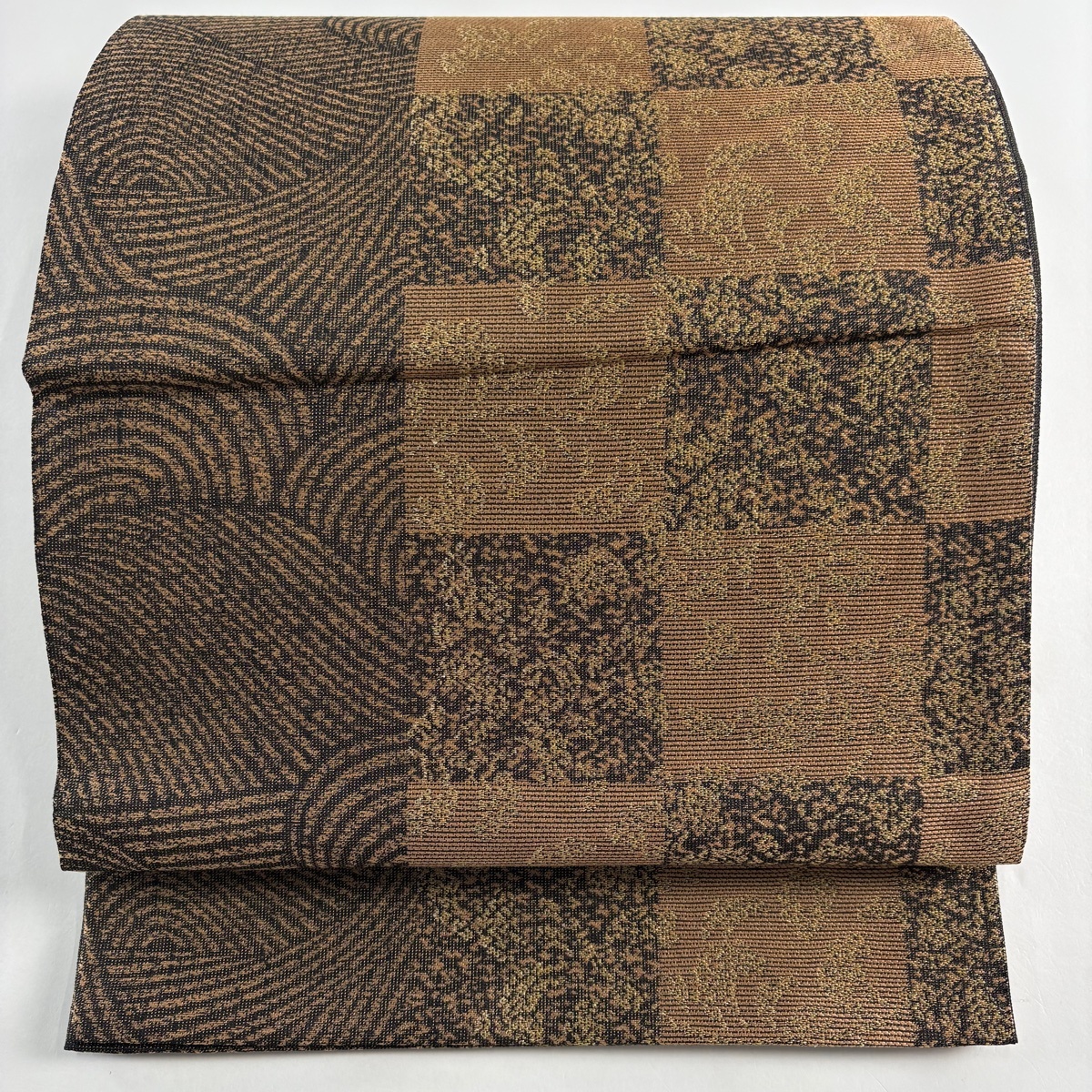 袋帯 秀品 市松 波 金糸 茶色 六通 正絹 【中古】拍卖