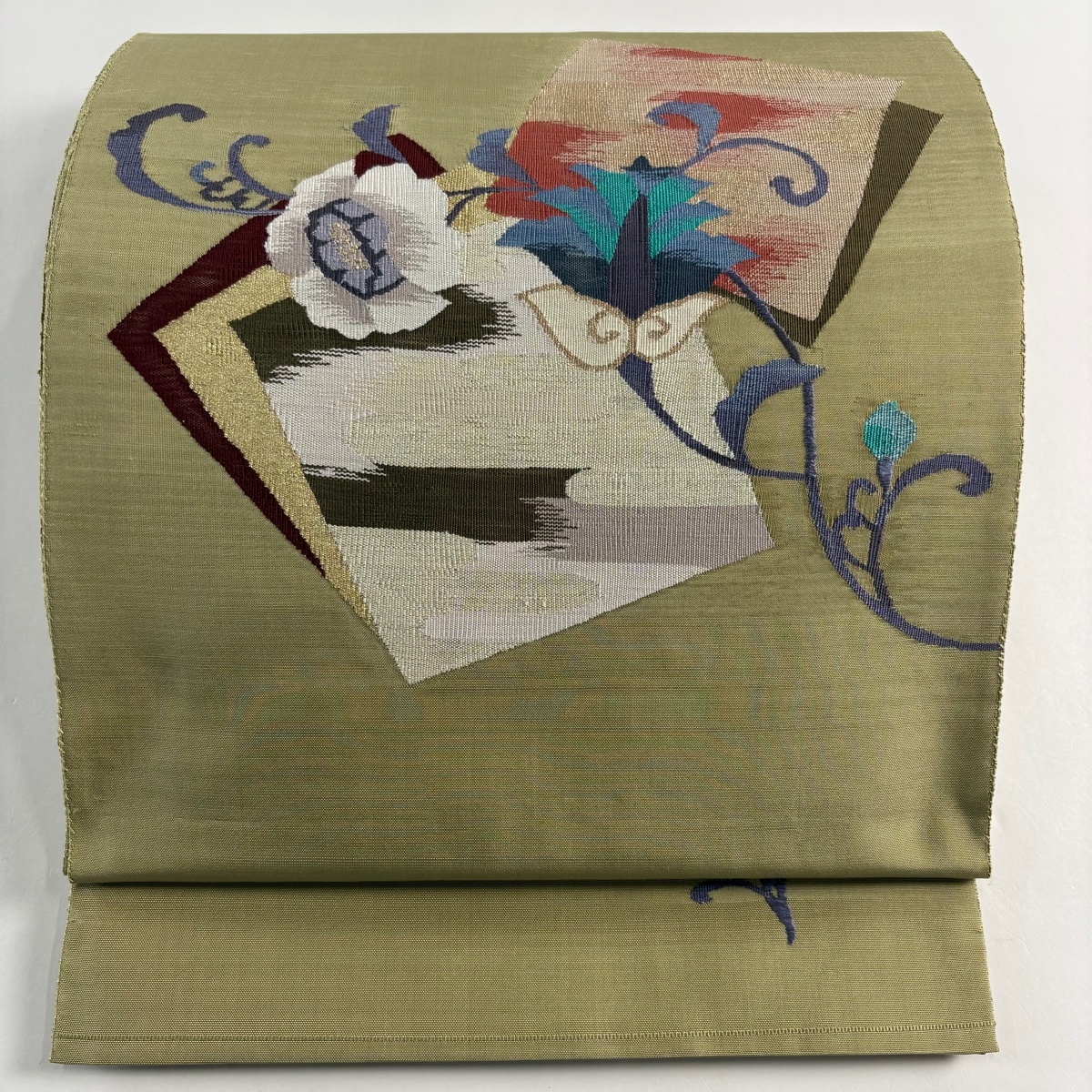 袋帯 美品 秀品 関西仕立て よもぎ色 お太鼓柄 正絹 【中古】拍卖