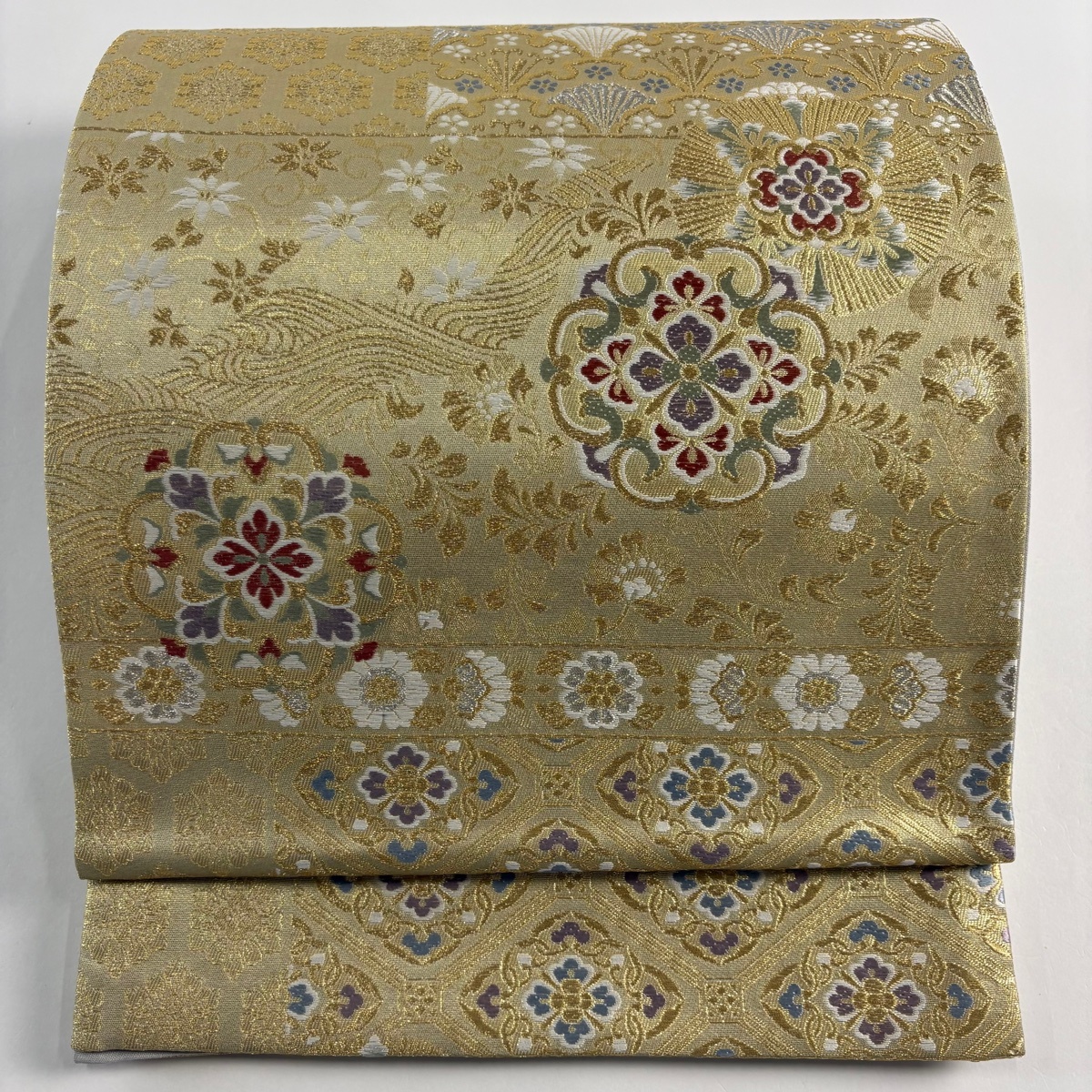 袋帯 美品 秀品 華文 波 金糸 刺繍 金色 六通 正絹 【中古】拍卖