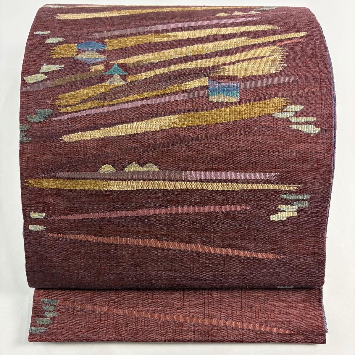 袋帯 美品 秀品 幾何学 刺繍 赤紫 お太鼓柄 正絹 【中古】拍卖