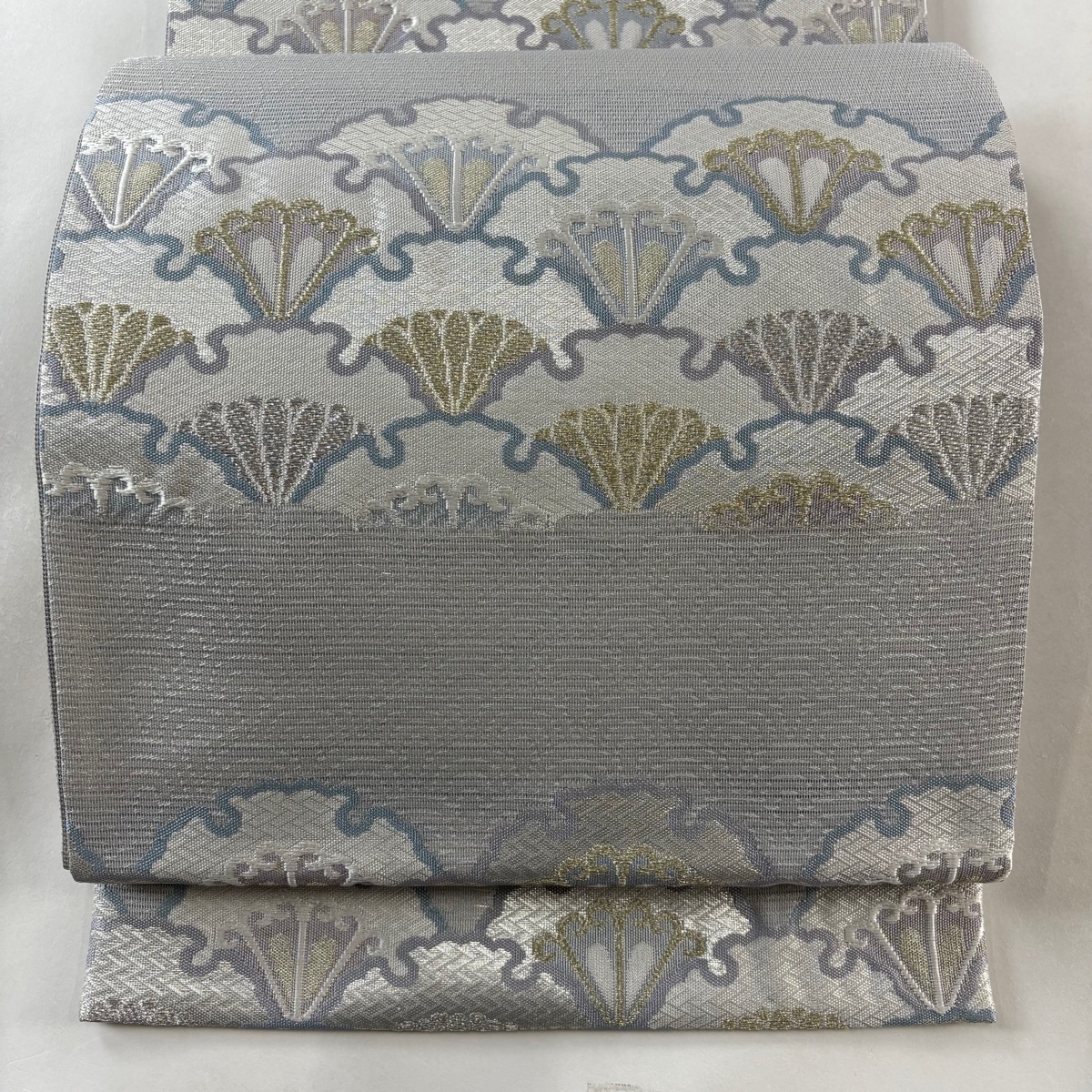 袋帯 秀品 夏帯 雪輪青海波 紗綾形 金銀糸 箔 青灰色 六通 正絹 【中古】拍卖