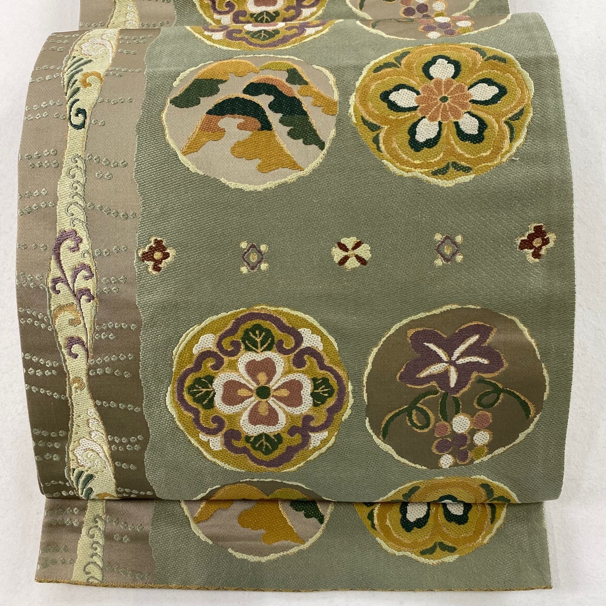 袋帯 美品 秀品 華文 葡萄 箔 灰緑 六通 正絹 【中古】拍卖