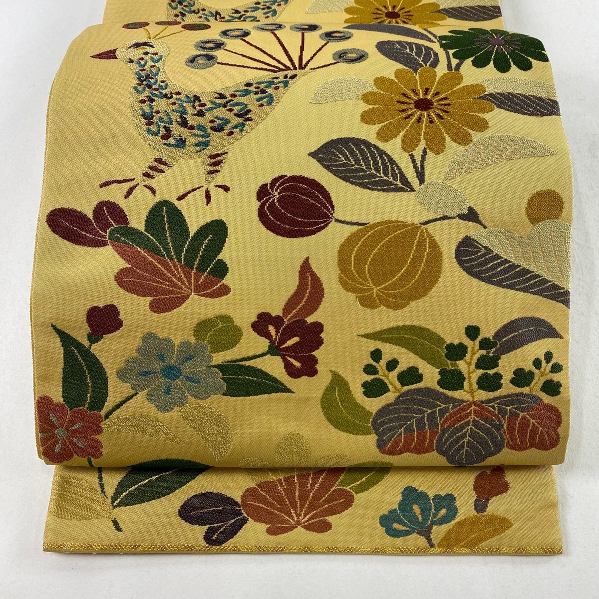 袋帯 美品 秀品 鳥 草花 箔 黄土色 六通 正絹 【中古】拍卖