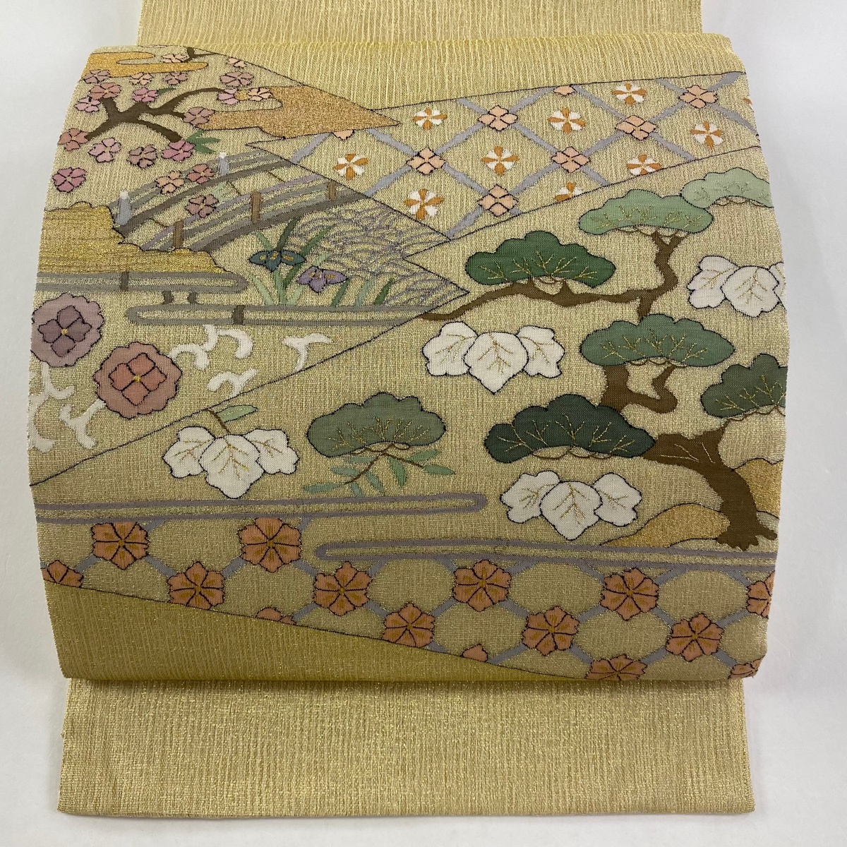 袋帯 美品 逸品 夏帯 笠松 桐 金糸 金色 お太鼓柄 正絹 【中古】拍卖