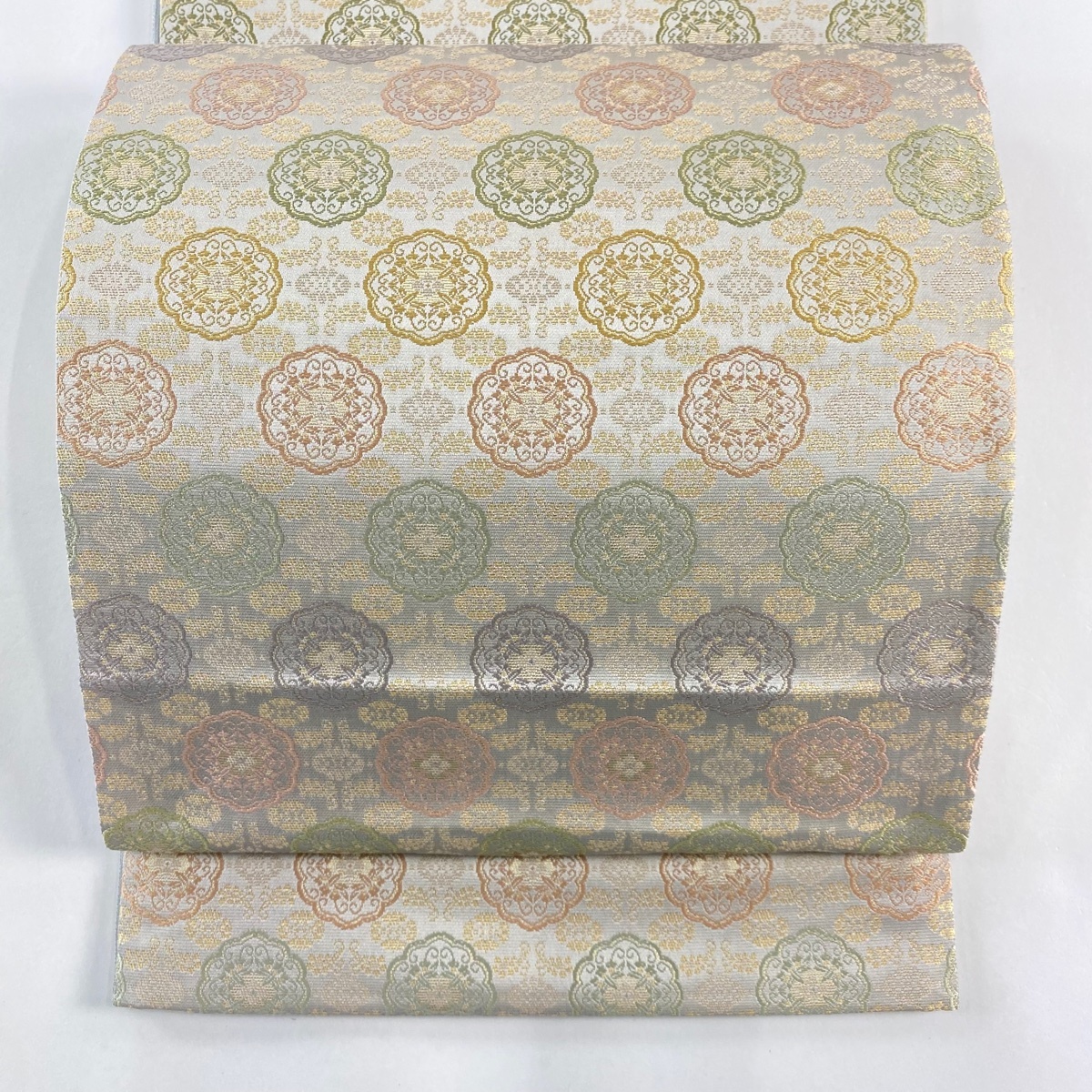 袋帯 美品 名品 箔屋清兵衛 落款 西陣織 華文 花唐草 箔 灰茶 六通 正絹 【中古】拍卖