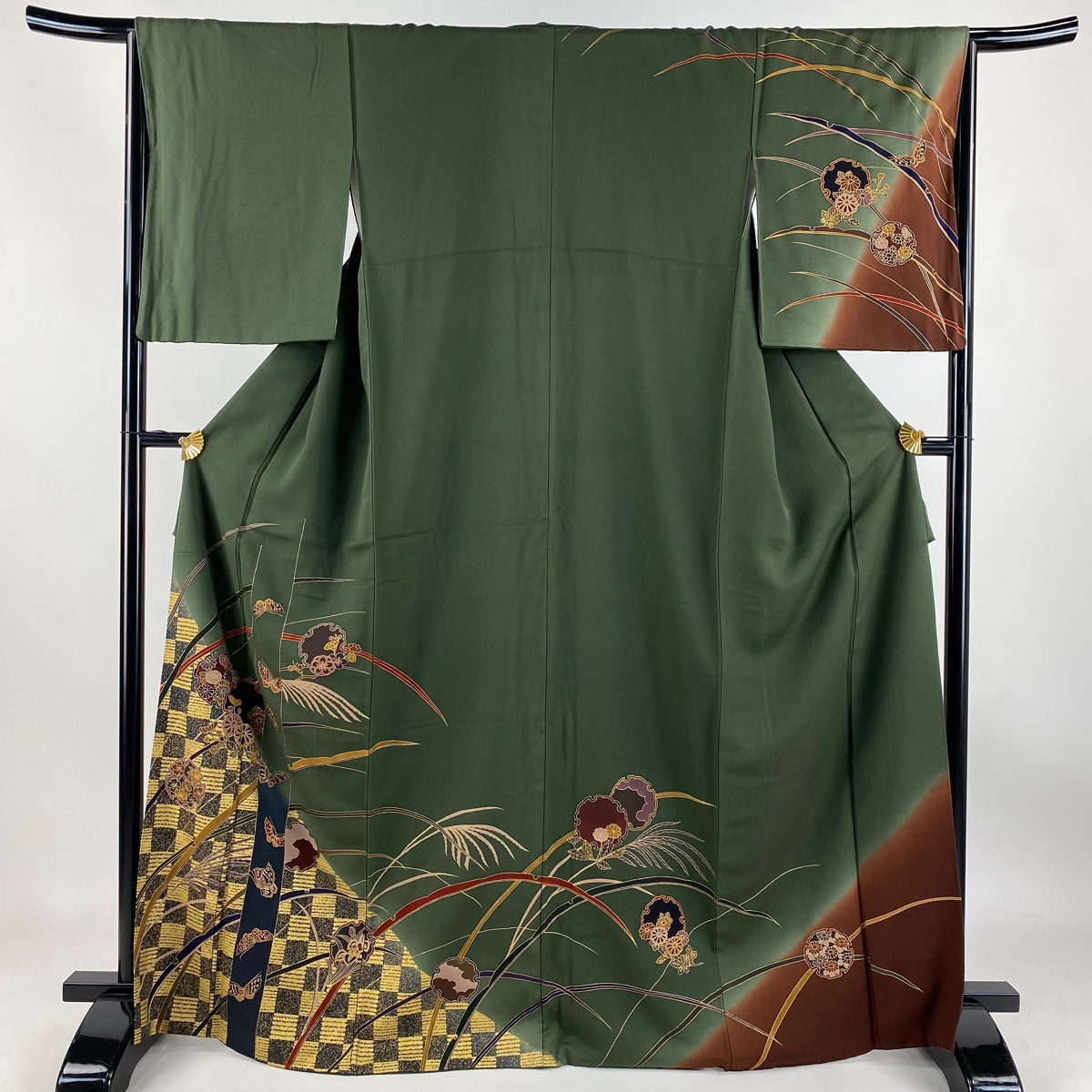 訪問着 身丈166cm 裄丈65cm M 袷 雪輪 蝶 金彩 ぼかし 深緑 正絹 秀品 【中古】拍卖