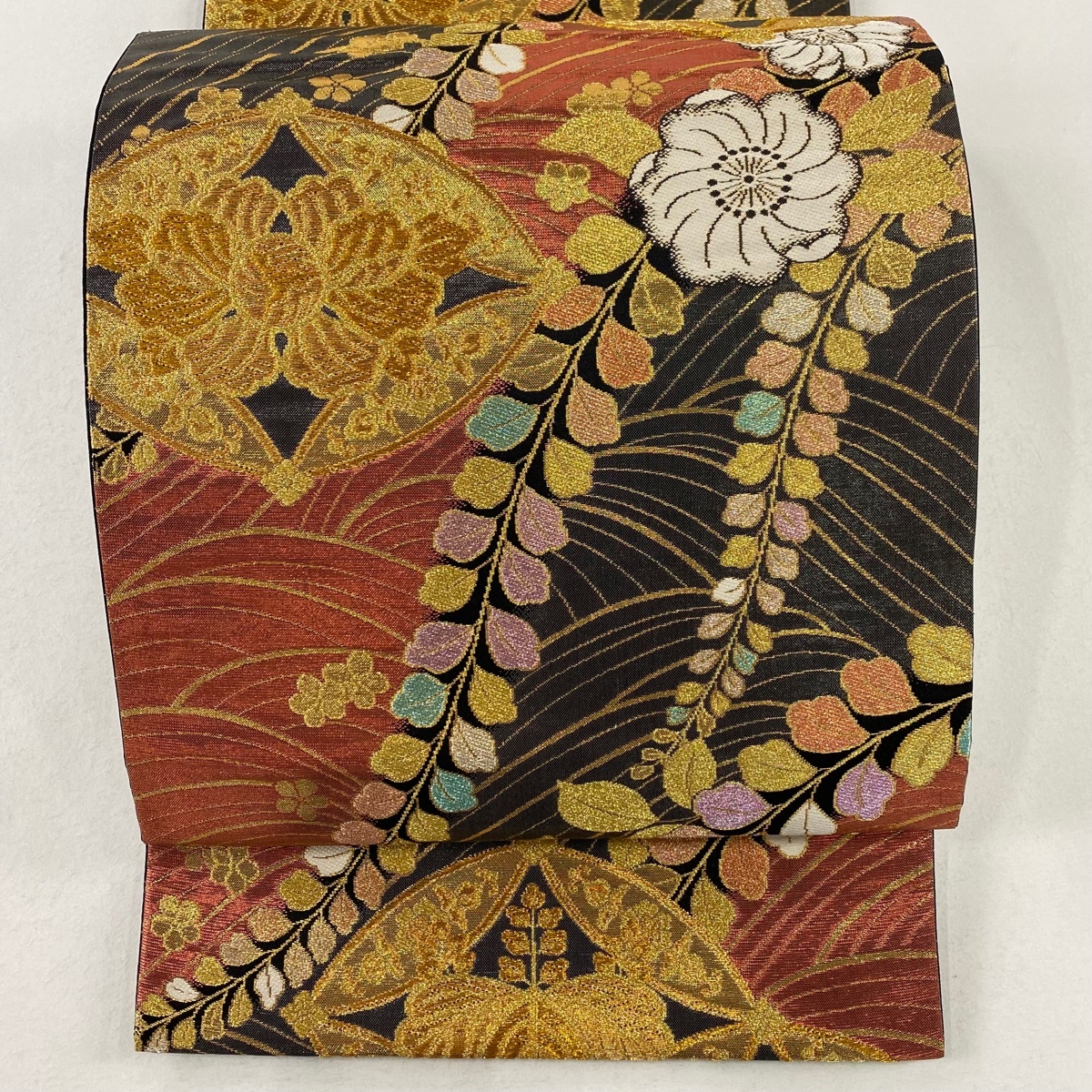 袋帯 秀品 草花 七宝 金銀糸 箔 墨色 六通 正絹 【中古】拍卖