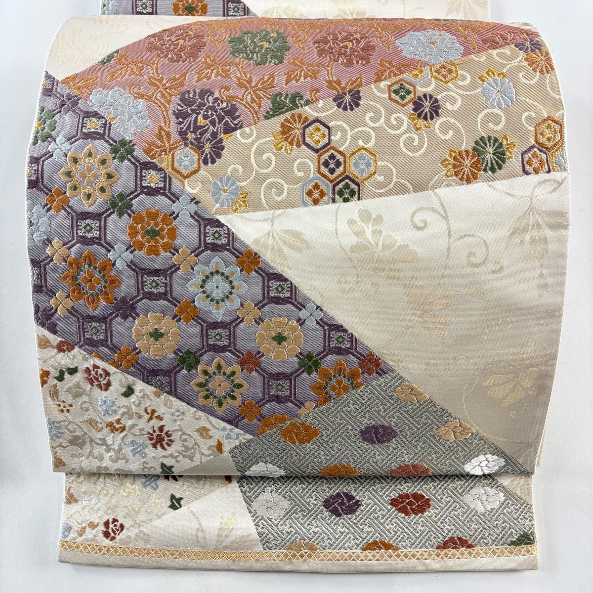 袋帯 秀品 関西仕立て 名物裂 唐織 箔 クリーム 六通 正絹 【中古】拍卖