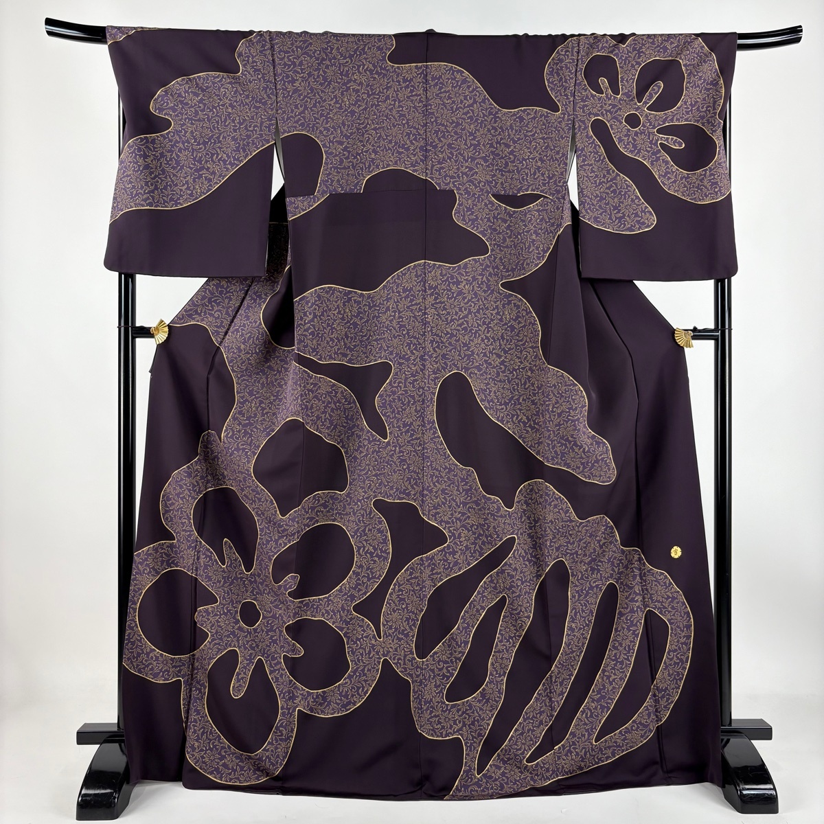 訪問着 身丈170cm 裄丈69cm L 袷 渡辺雪三郎 落款 花唐草 幾何学 金彩 濃紫 正絹 逸品 【中古】拍卖