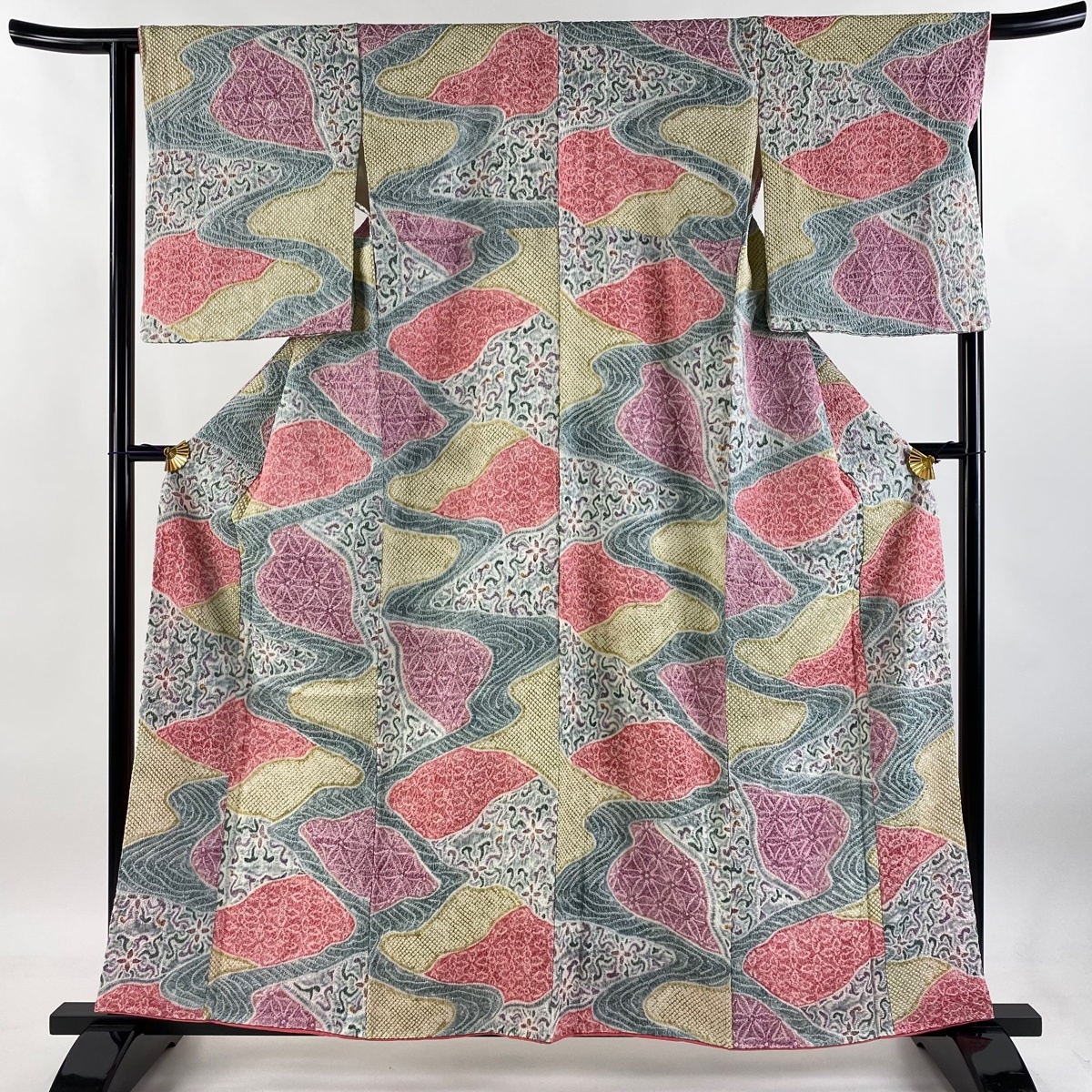 小紋 身丈159cm 裄丈65.5cm M 袷 草花 流水 総絞り 灰緑 正絹 美品 逸品 【中古】拍卖