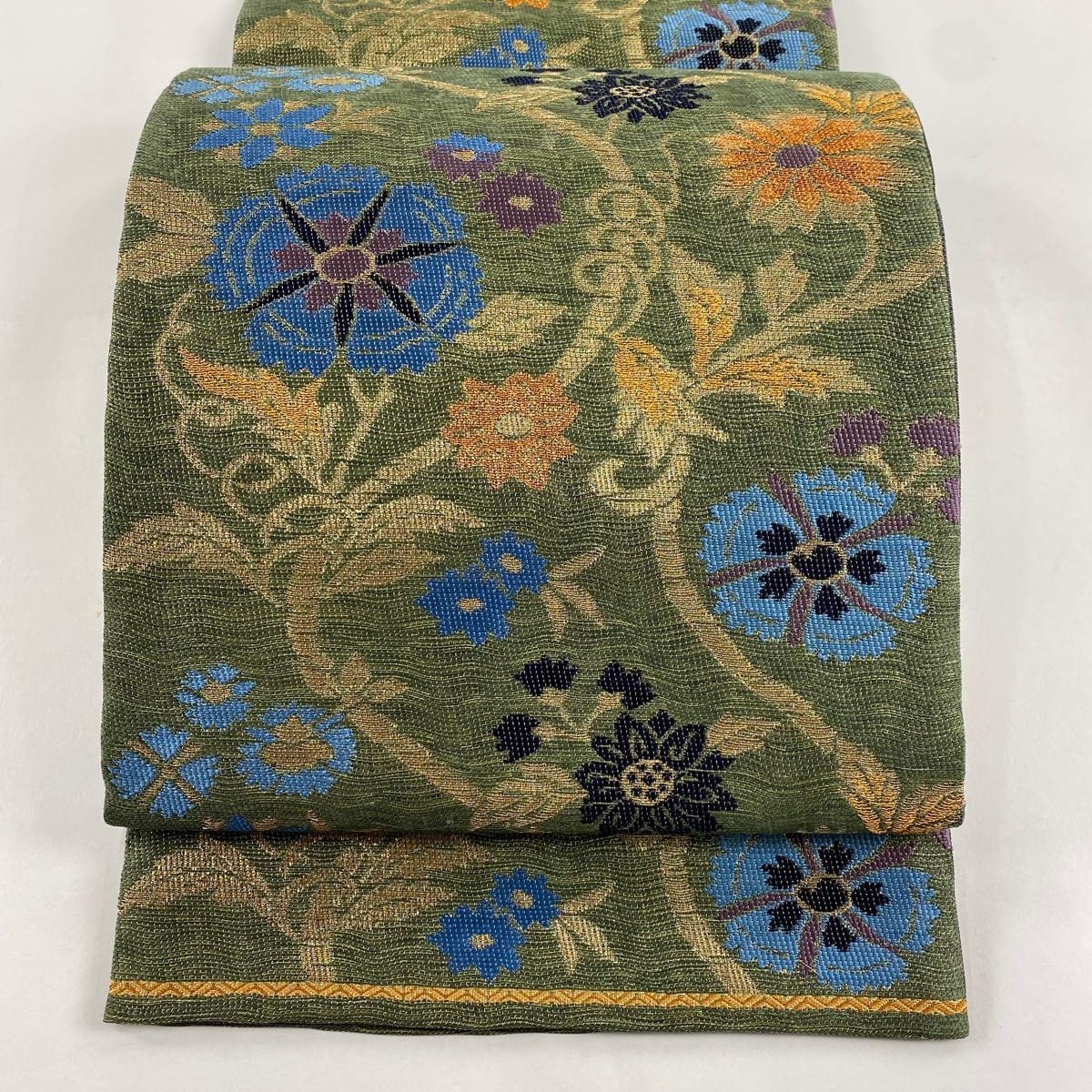 袋帯 美品 逸品 誉田屋源兵衛 落款 花唐草 草花 金糸 緑 六通 正絹 【中古】拍卖