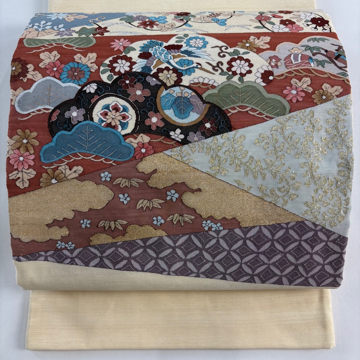袋帯 美品 逸品 松竹梅 鶴 金糸 ベージュ お太鼓柄 正絹 【中古】拍卖