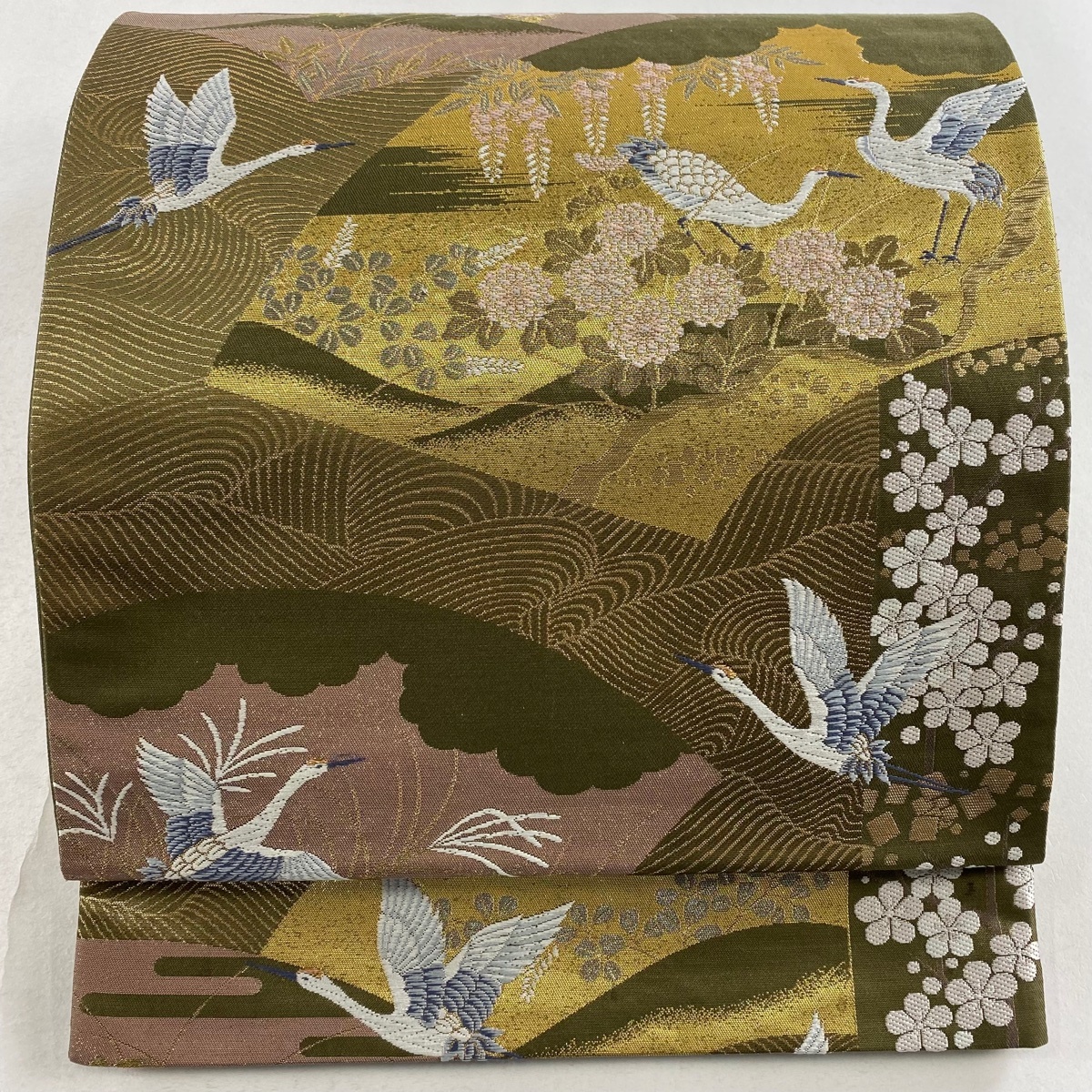 袋帯 美品 秀品 九百錦 扇面 花鳥 純金二重箔 茶緑色 六通 正絹 【中古】拍卖