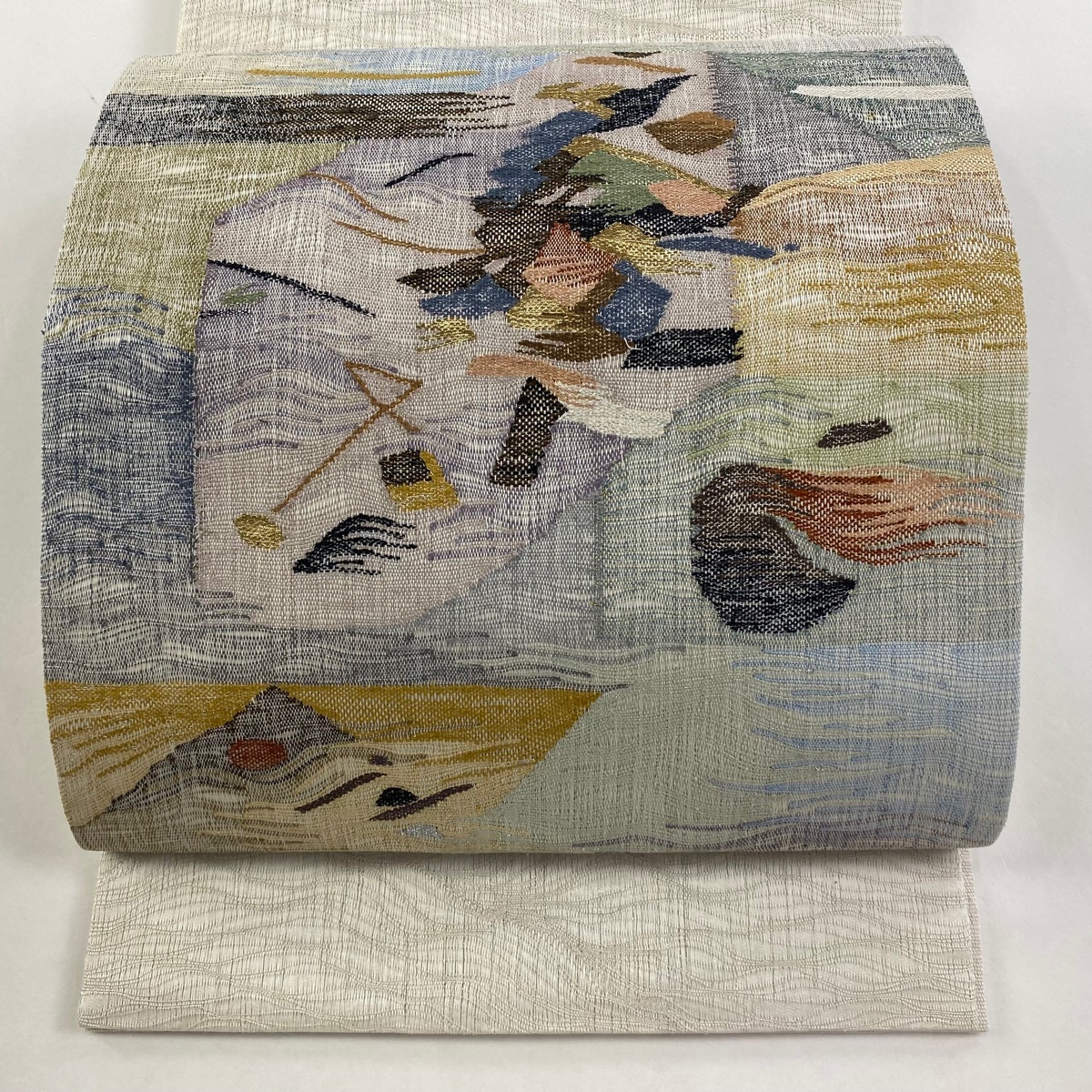 袋帯 秀品 幾何学 銀糸 箔 灰白 お太鼓柄 正絹 【中古】拍卖