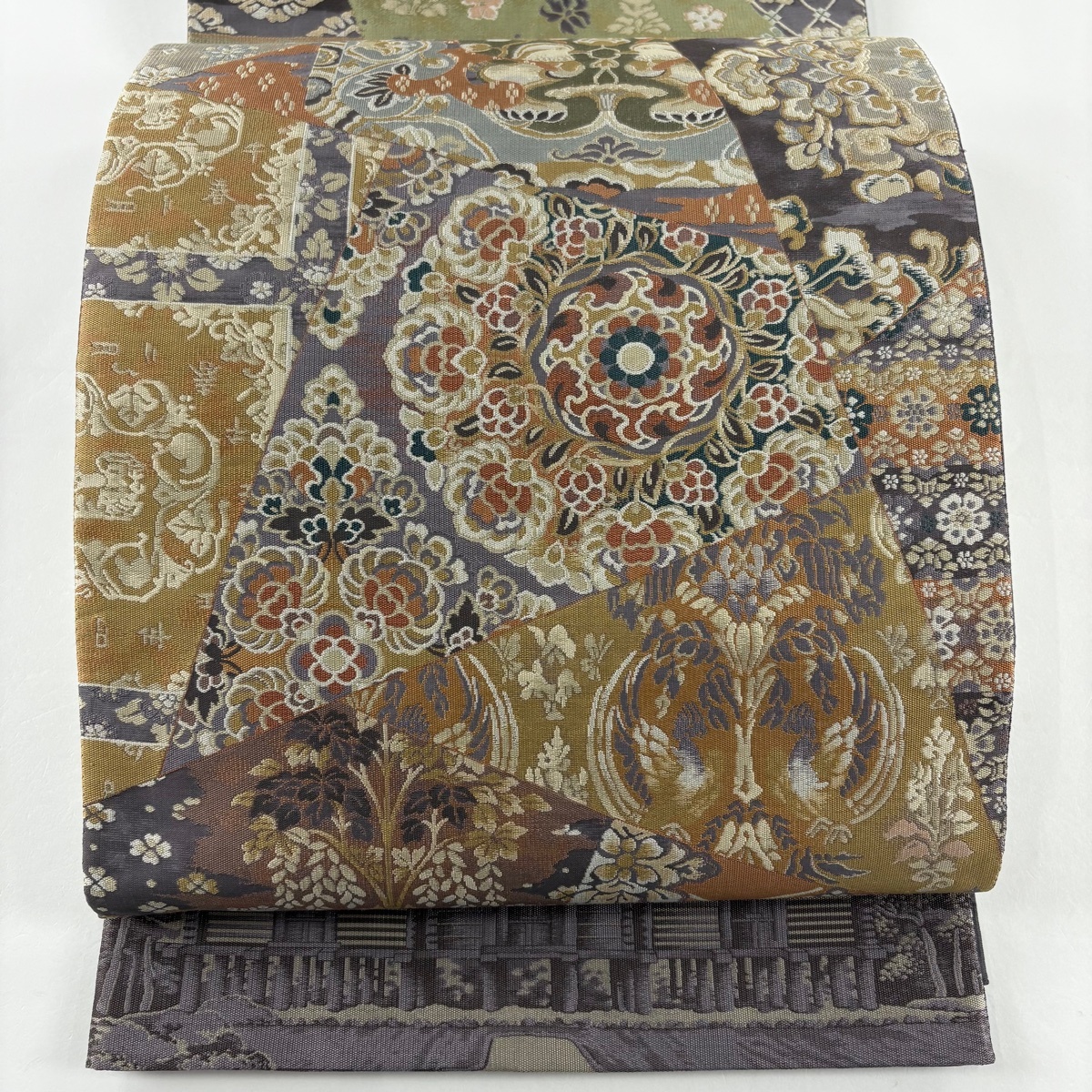 袋帯 美品 秀品 紬地 向かい鳥 華文 灰紫 全通 正絹 【中古】拍卖