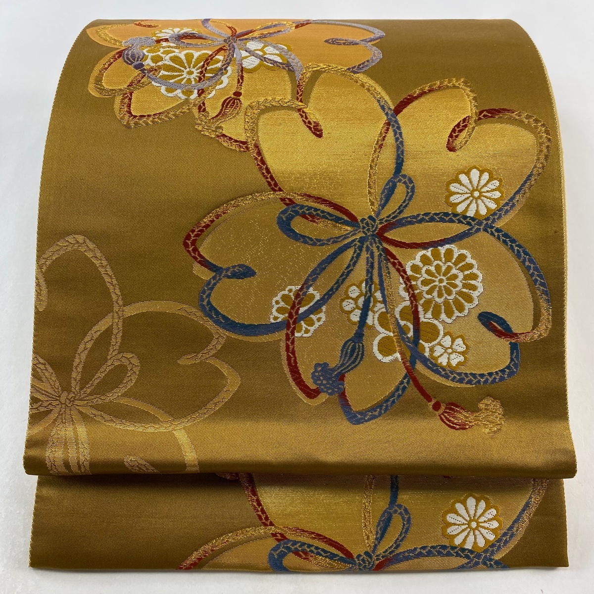 袋帯 秀品 振袖向き 桜 組紐 金糸 箔 山吹茶色 六通 正絹 【中古】拍卖