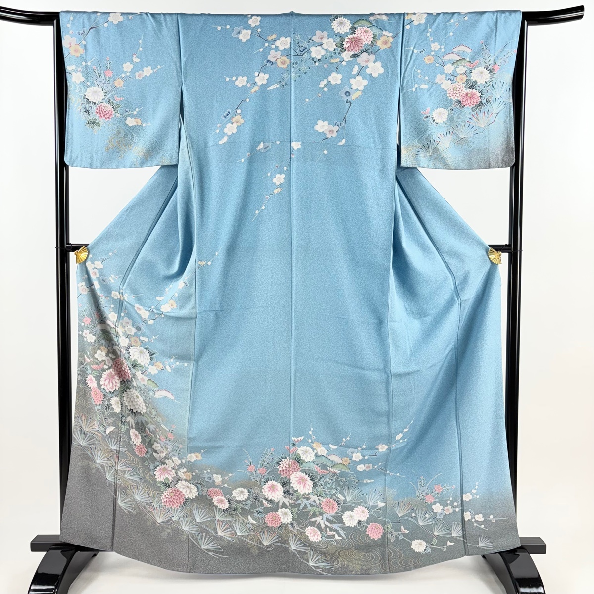 訪問着 身丈164cm 裄丈65.5cm M 袷 松竹梅 菊 金銀彩 ぼかし 水色 正絹 秀品 【中古】拍卖
