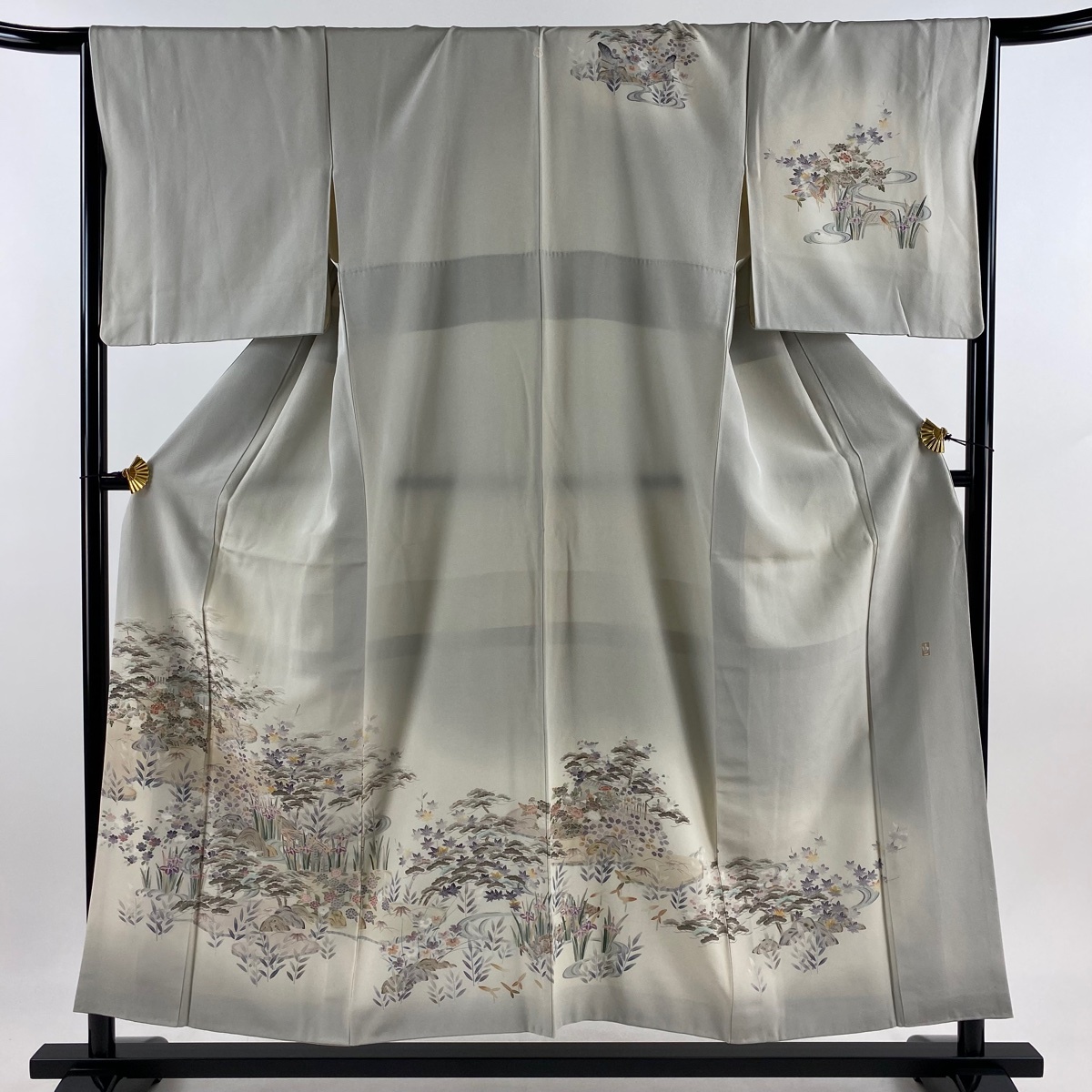 訪問着 身丈154cm 裄丈66.5cm M 袷 落款 草花 家屋 ぼかし 灰色 正絹 秀品 一つ紋 【中古】拍卖