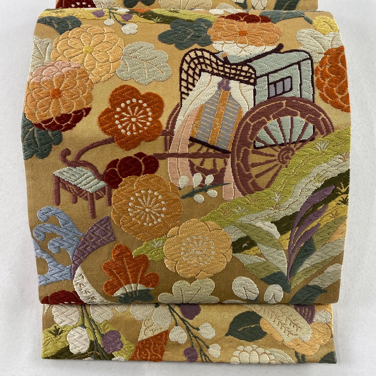 袋帯 名品 御所車 草花 唐織 箔 金色 六通 正絹 【中古】拍卖