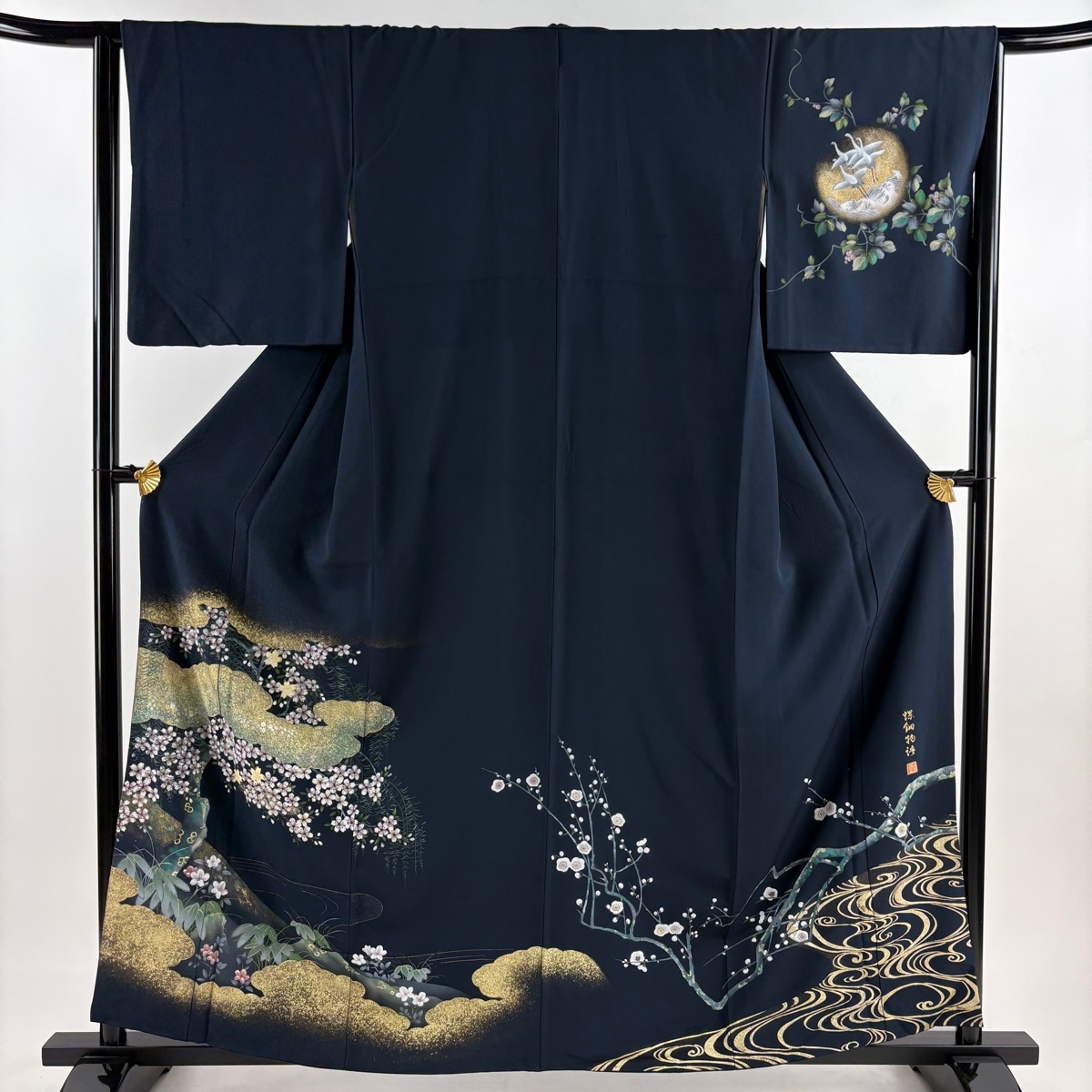 訪問着 身丈160cm 裄丈64.5cm M 袷 落款 桜 雲文 螺鈿 金彩 濃紺 正絹 名品 【中古】拍卖