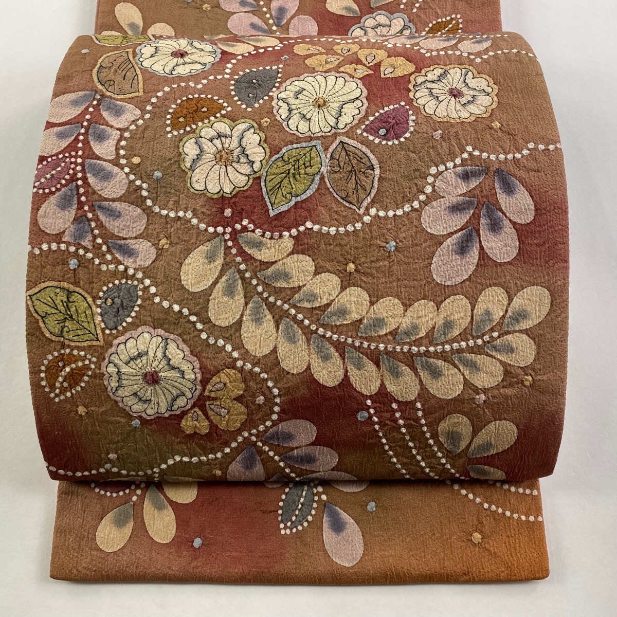 袋帯 美品 名品 落款 辻が花 茶色 お太鼓柄 正絹 【中古】拍卖