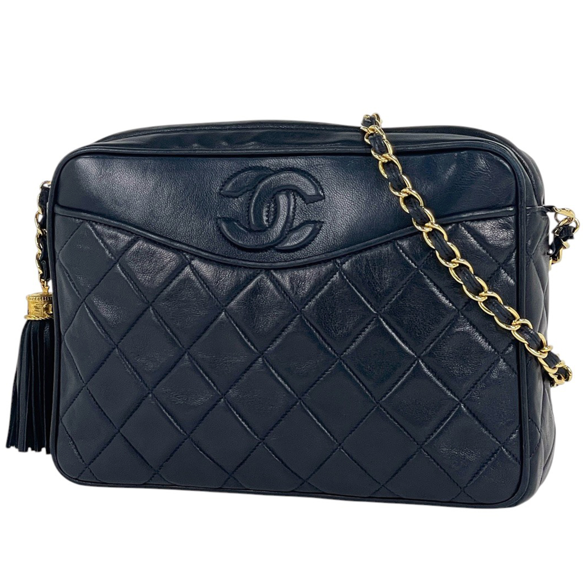 シャネル CHANEL ココマーク フリンジ チェーンショルダーバッグ タッセル マトラッセ レザー ネイビー レディース 【中古】拍卖