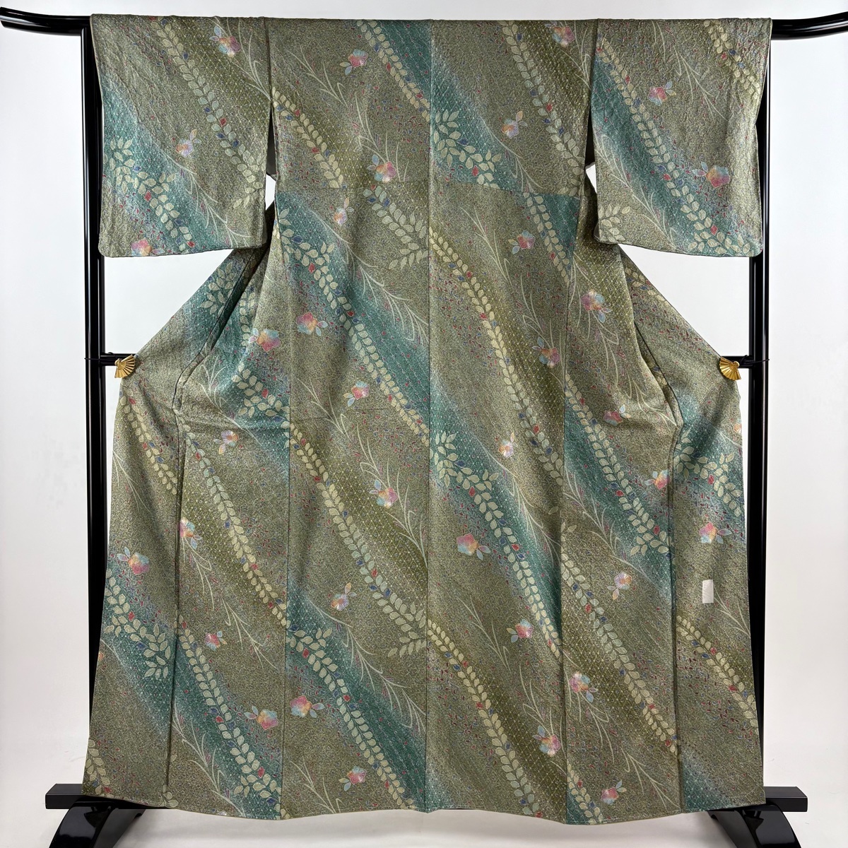 訪問着 身丈160.5cm 裄丈66cm M 袷 辻が花柄 金彩 ぼかし 抹茶色 正絹 秀品 【中古】拍卖