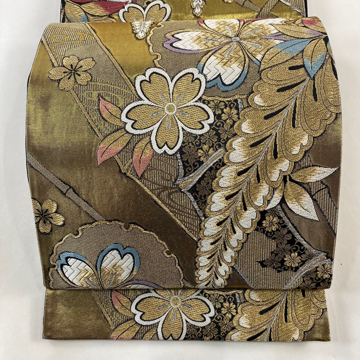 袋帯 秀品 桜 雪輪 金銀糸 箔 金色 六通 正絹 【中古】拍卖
