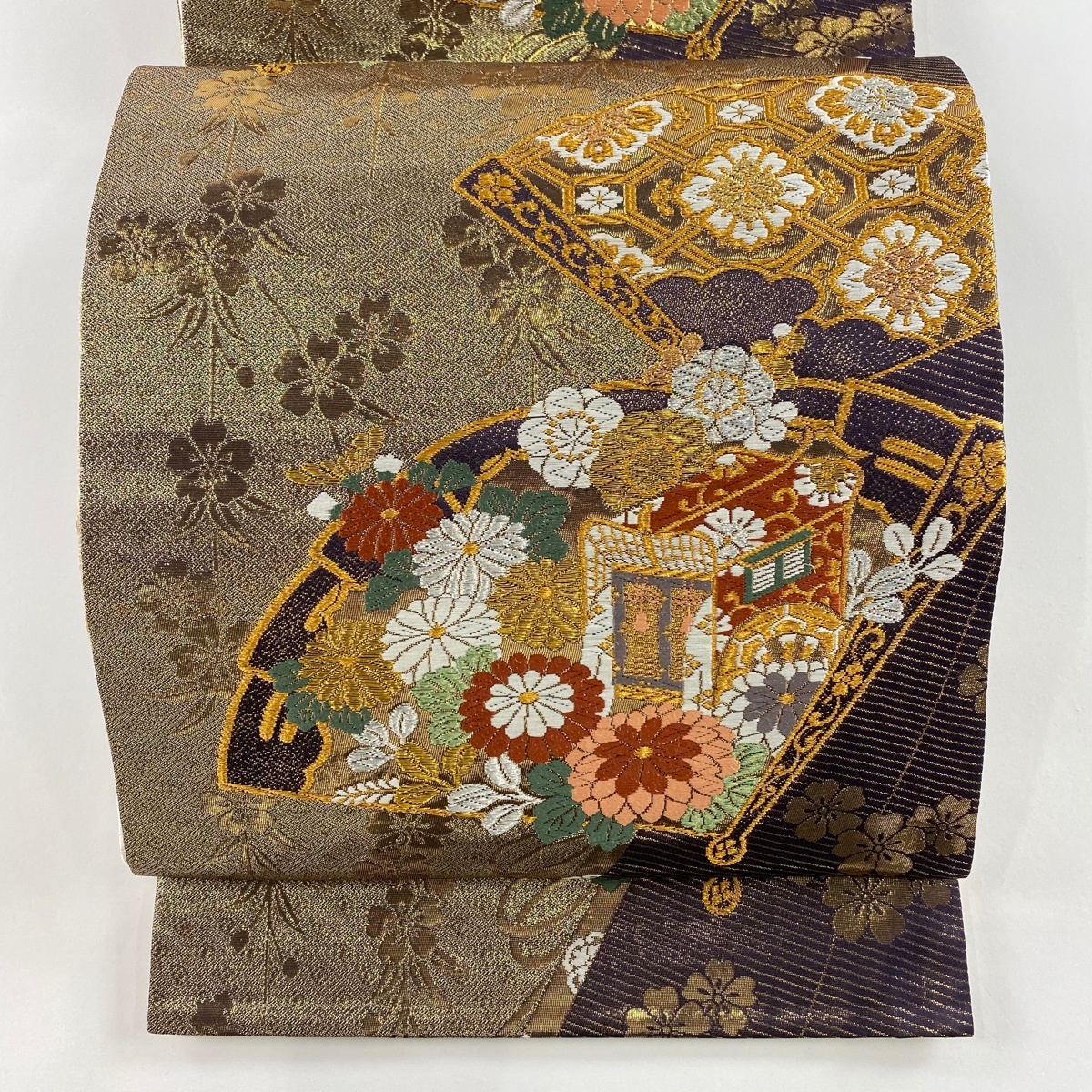 袋帯 美品 秀品 御所車 桧扇 金銀糸 箔 濃紫 全通 正絹 【中古】拍卖