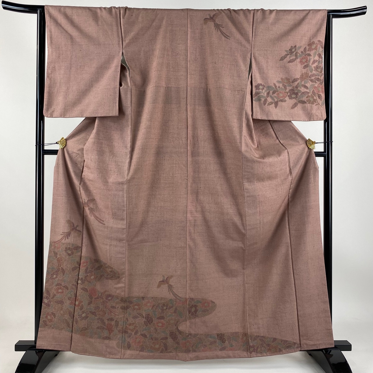 訪問着 身丈163.5cm 裄丈65cm M 袷 紬地 草花 尾長鳥 刺繍 金銀糸 薄小豆 正絹 秀品 【中古】拍卖