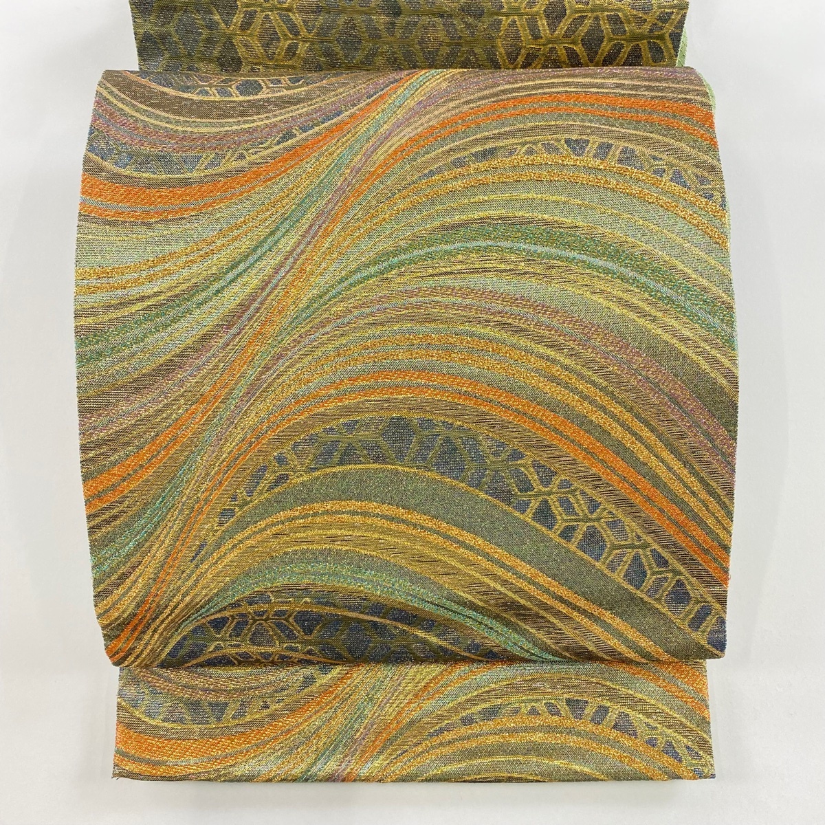 袋帯 秀品 幾何学模様 箔 灰緑 六通 正絹 【中古】拍卖