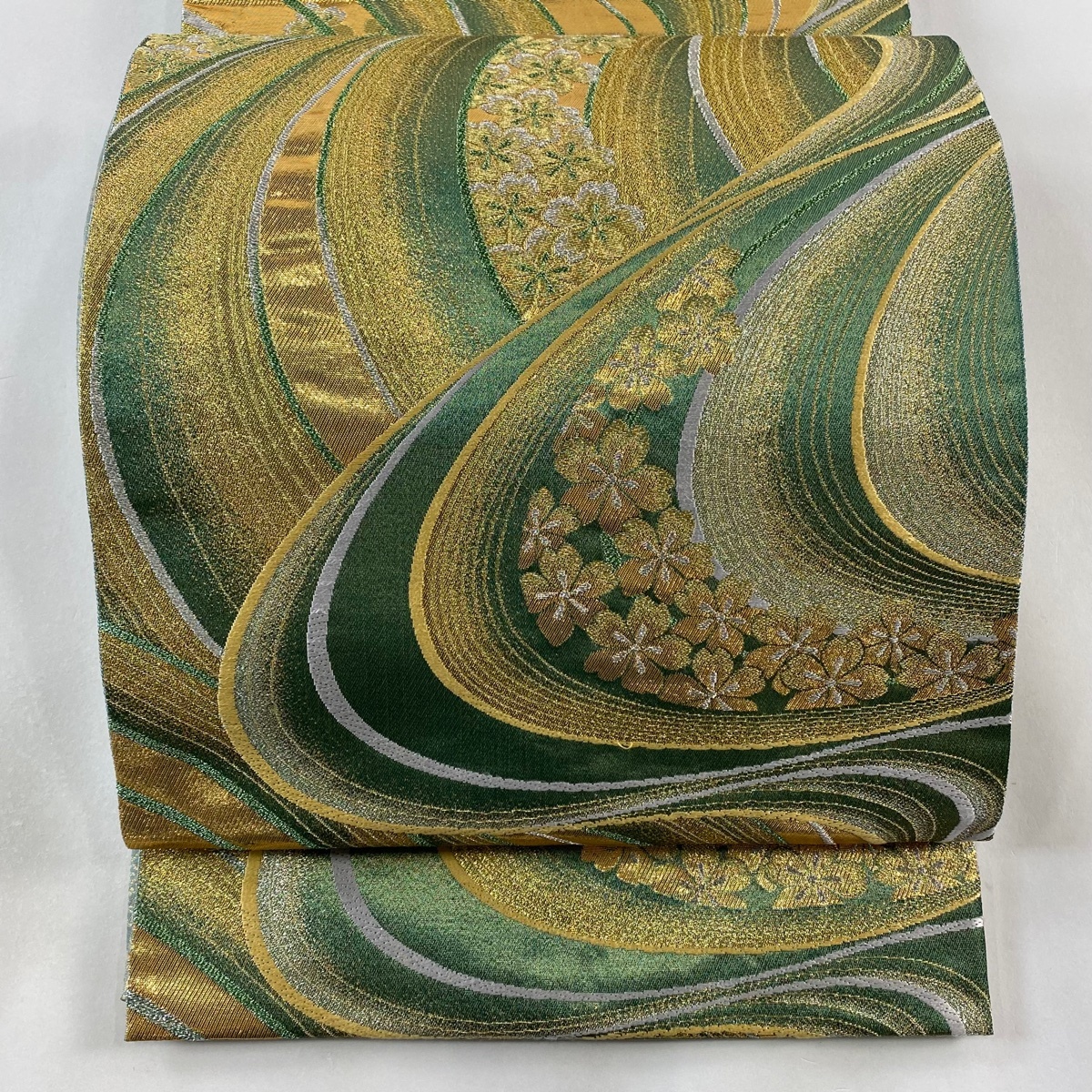 袋帯 秀品 桜 流水 金銀糸 箔 緑 六通 正絹 【中古】拍卖