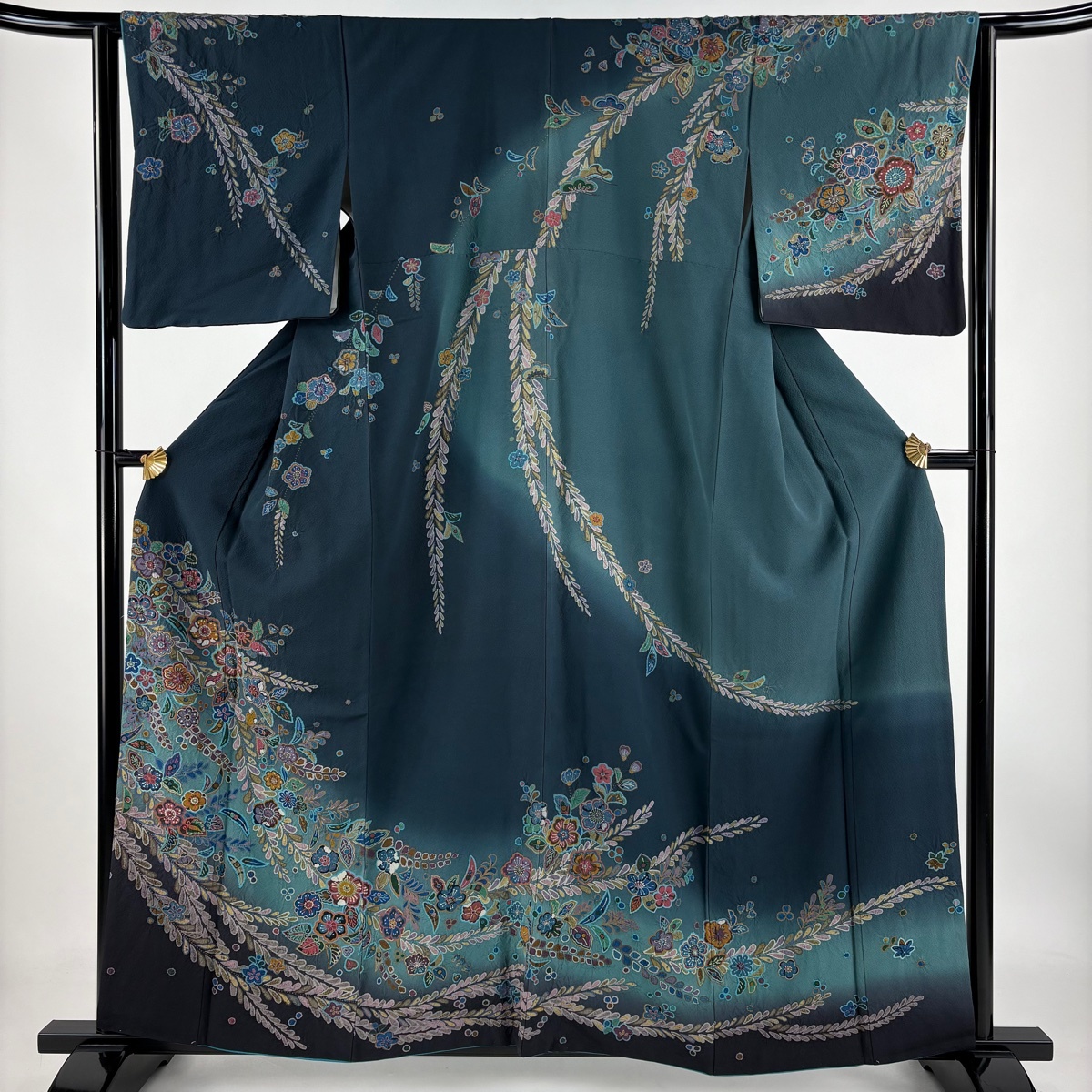 訪問着 身丈160.5cm 裄丈63.5cm S 袷 草花 藤 絞り ぼかし 青緑 正絹 美品 名品 【中古】拍卖