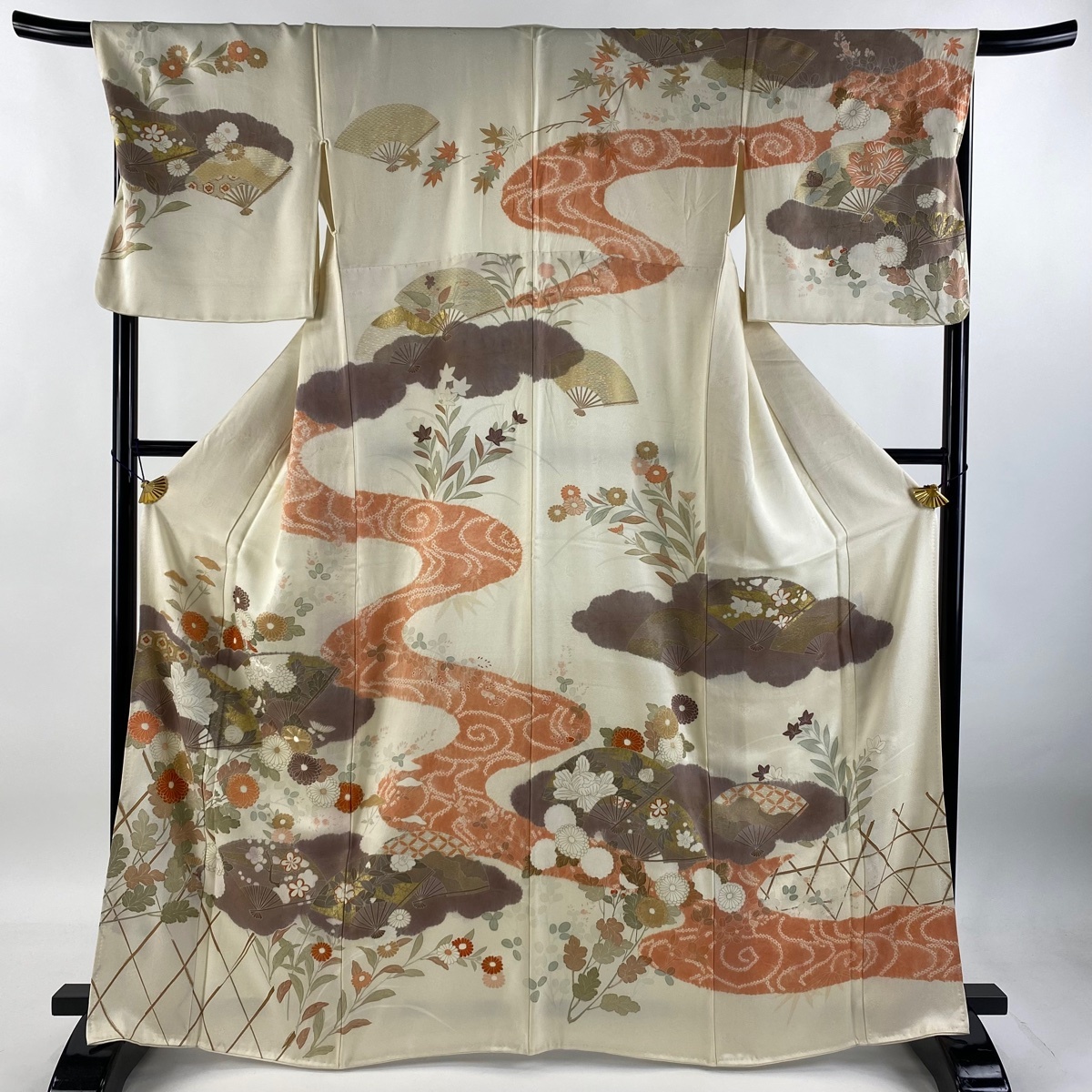 訪問着 身丈165.5cm 裄丈68cm L 袷 扇 菊 刺繍 金彩 クリーム 正絹 秀品 【中古】拍卖