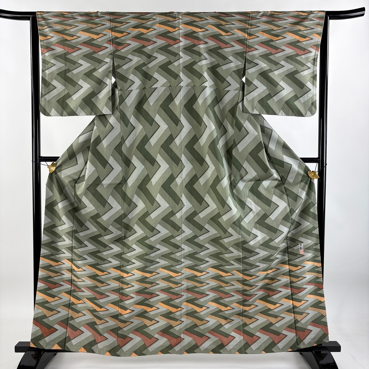 訪問着 身丈162cm 裄丈64cm M 袷 落款 幾何学 灰緑 正絹 美品 秀品 【中古】拍卖