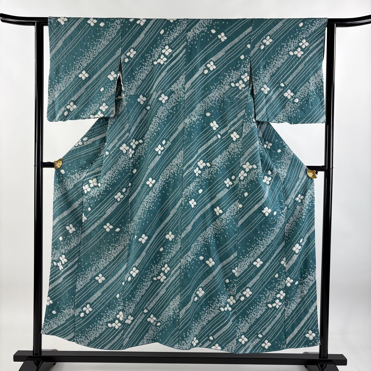 小紋 身丈152cm 裄丈61.5cm S 袷 花 疋田 絞り 青緑 正絹 美品 秀品 【中古】拍卖