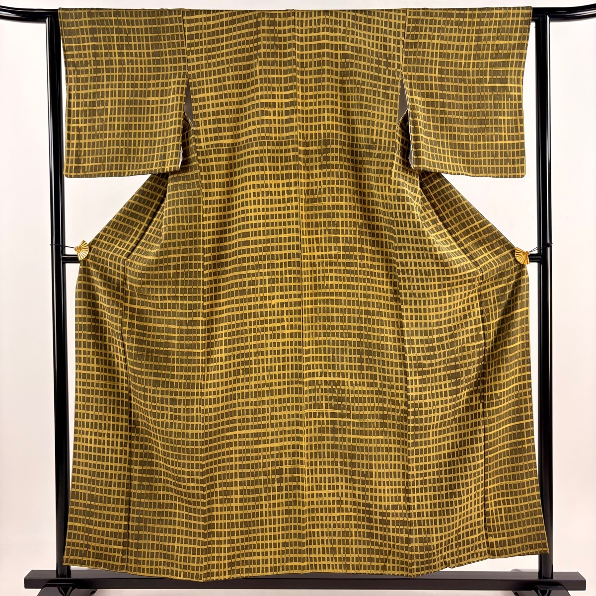 小紋 身丈156cm 裄丈62cm S 袷 格子 茶緑色 正絹 美品 秀品 【中古】拍卖