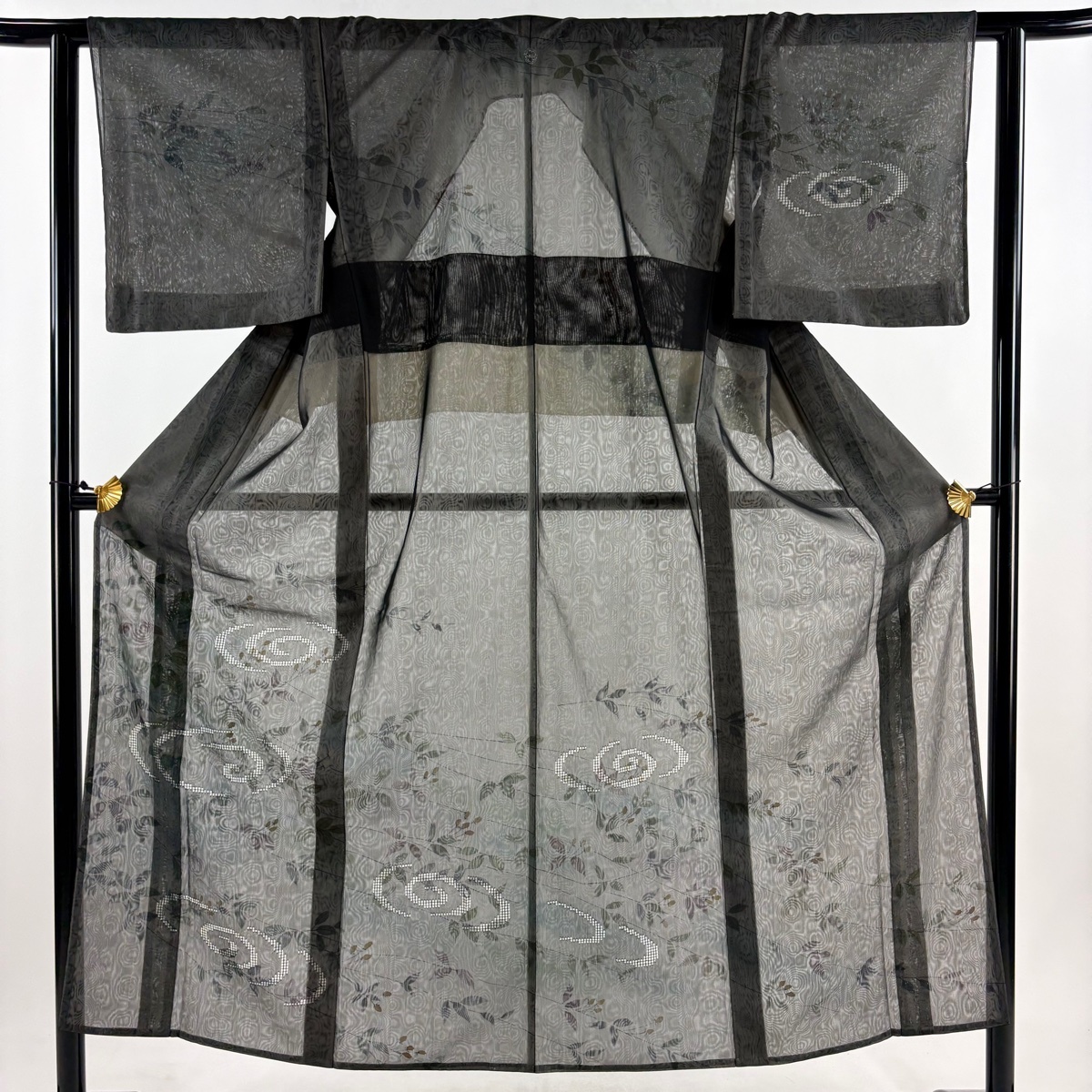 訪問着 身丈152cm 裄丈60cm S 紗袷 枝花 流水 染分け 墨色 正絹 秀品 一つ紋 【中古】拍卖